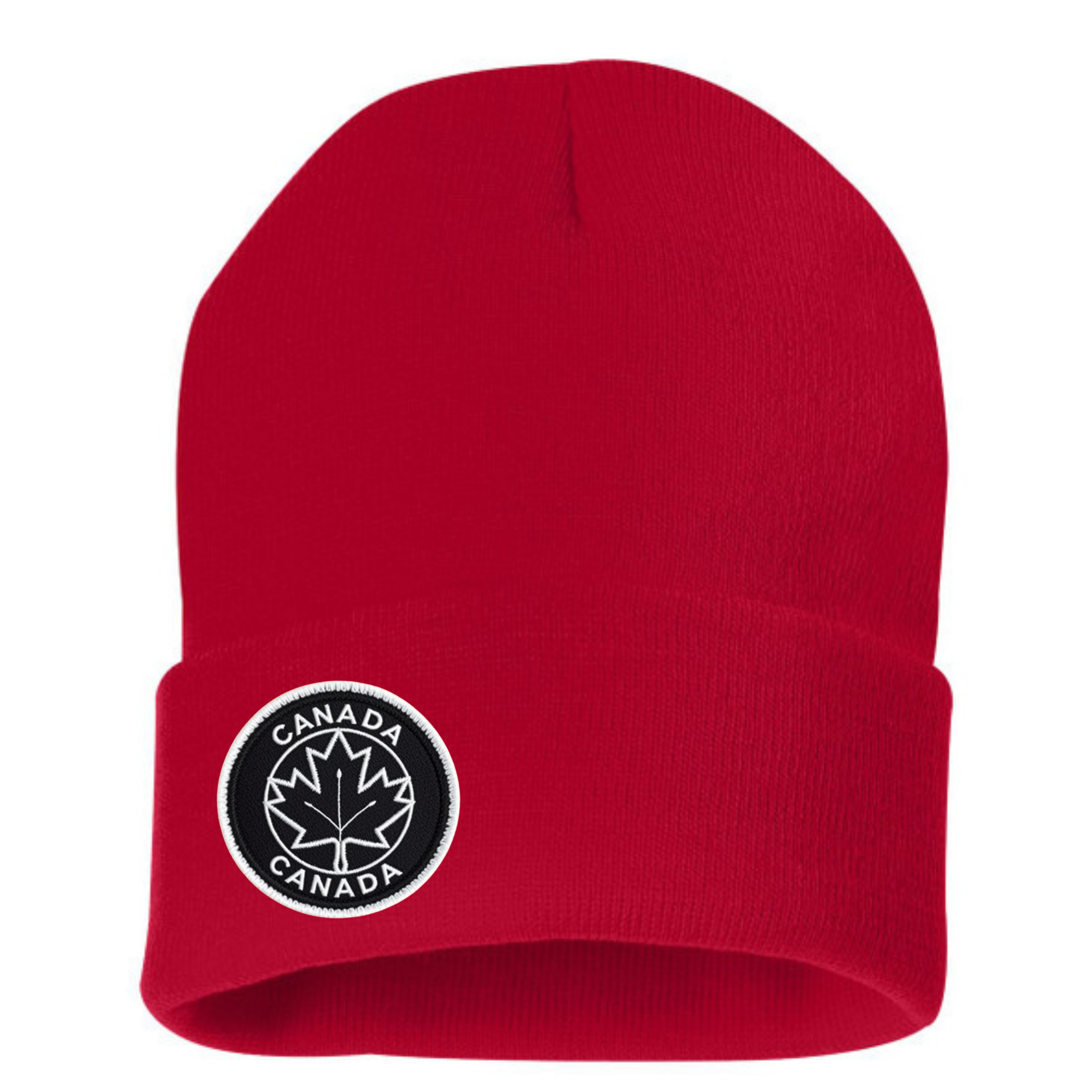 Red beanie with a Canada maple leaf logo on a white background image 1