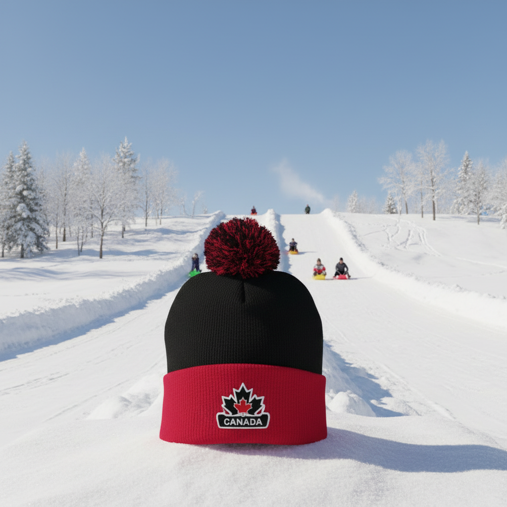 Black and red beanie with a Canada maple leaf logo on a white background