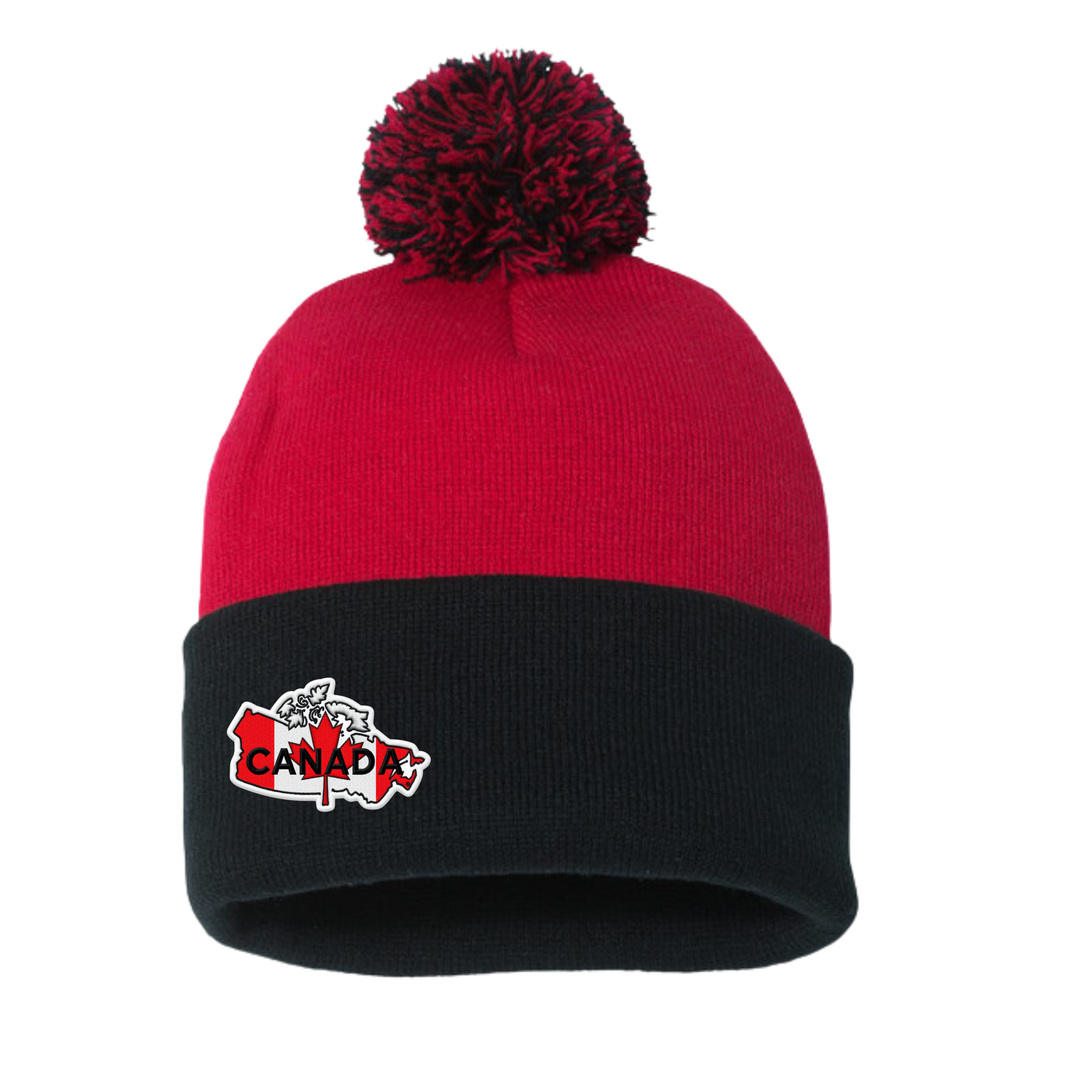 Red and black beanie with pom-pom and 'Canada' logo on a white background
