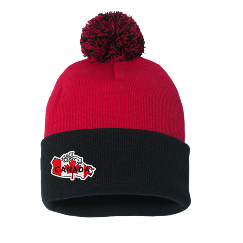 Red and black beanie with pom-pom and 'Canada' logo on a white background