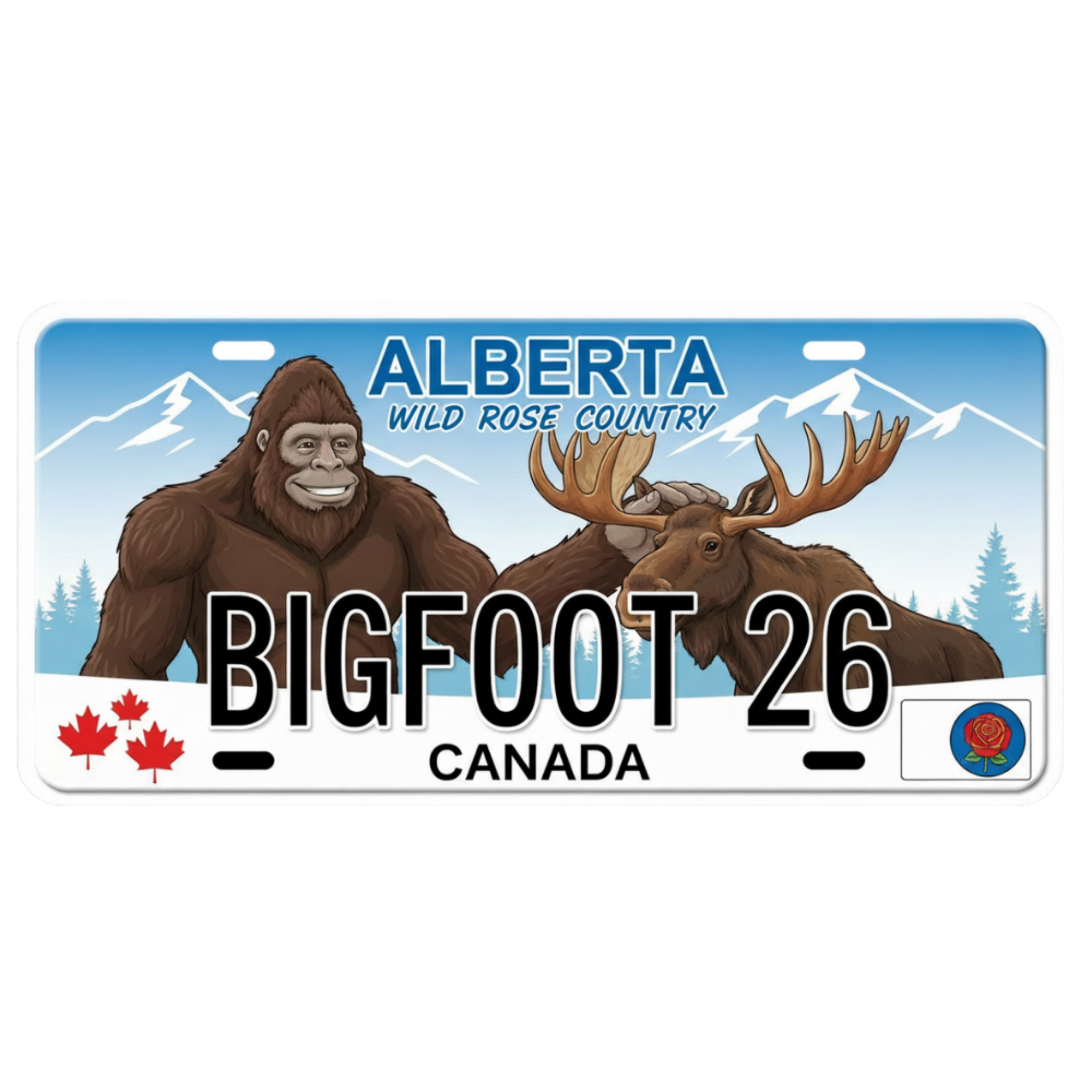 License plate with Bigfoot and moose design, featuring 'Alberta Wild Rose Country' text.