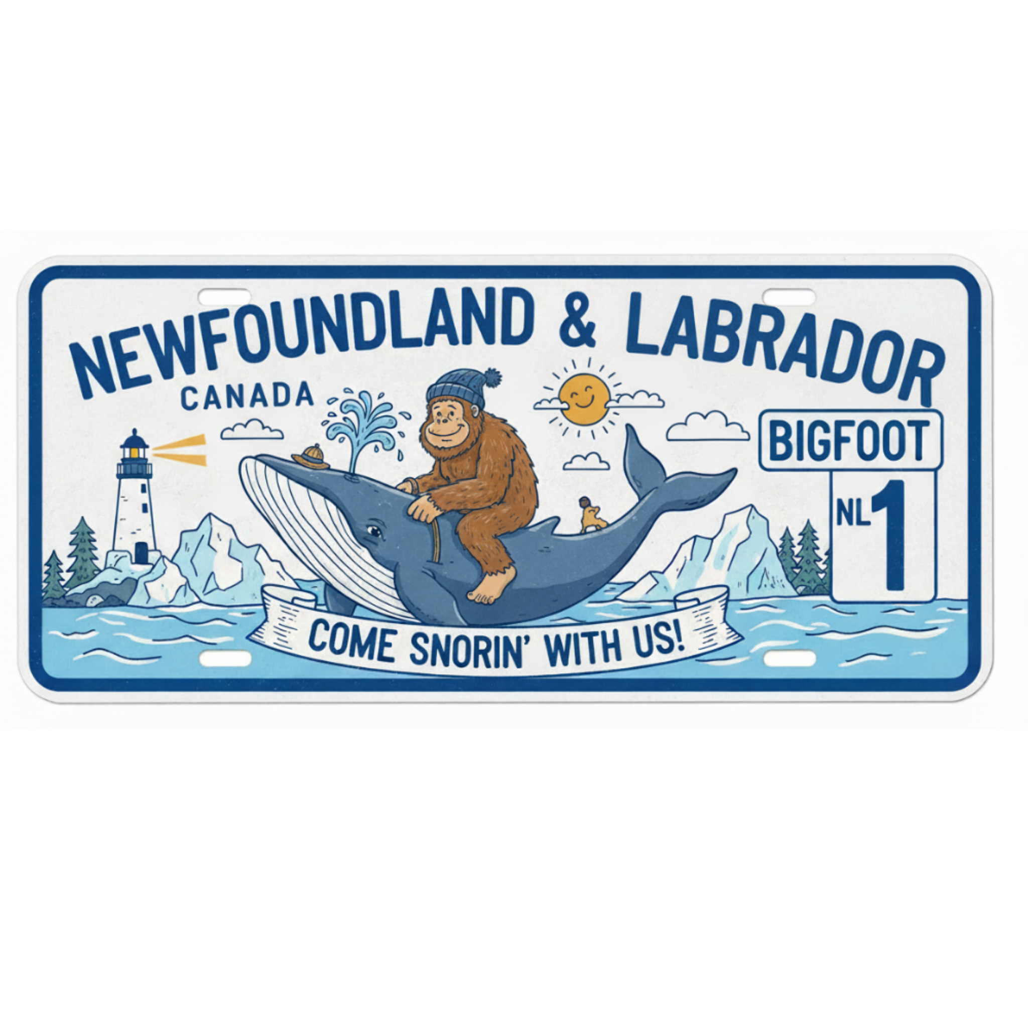 Novelty license plate with Bigfoot riding a whale, lighthouse, and text 'Newfoundland & Labrador, Canada'.