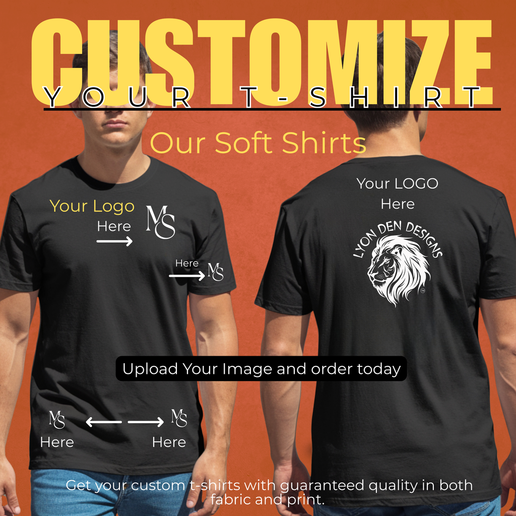 Black t-shirt with customizable design options on a model against an orange background