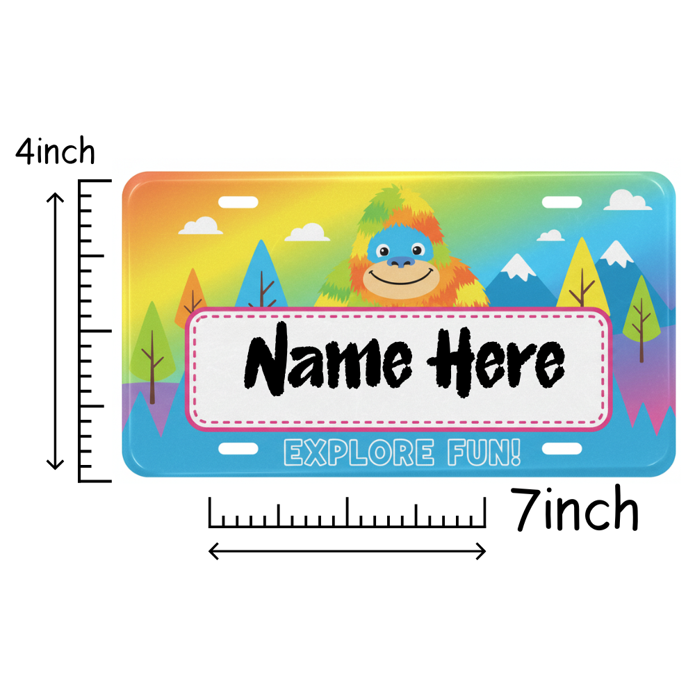 Children's name tag with a colorful design of a bear and nature scene, featuring text 'Name Here' and 'Explore Fun!'.