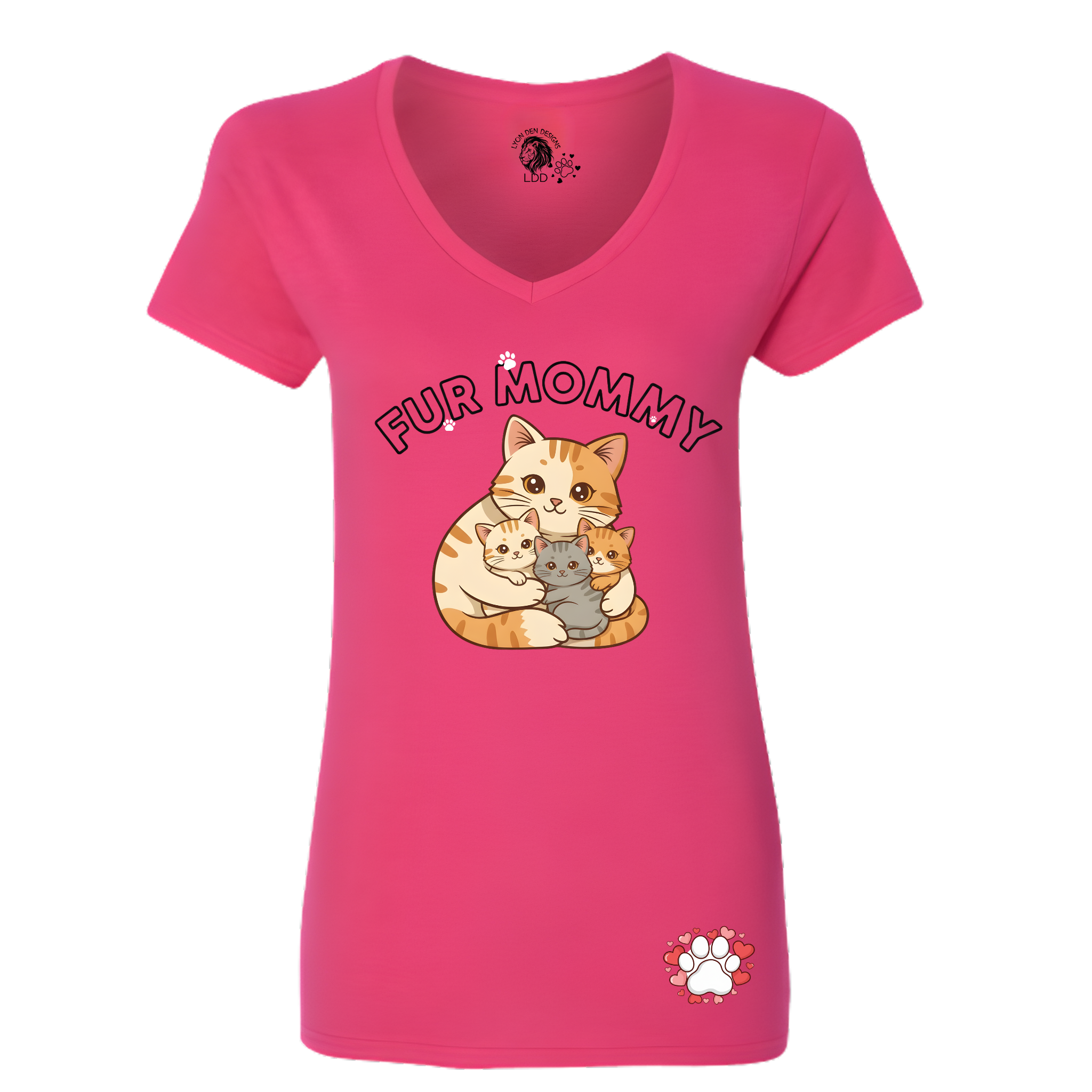 Pink t-shirt with cat graphic and 'Fur Mommy' text on a white background