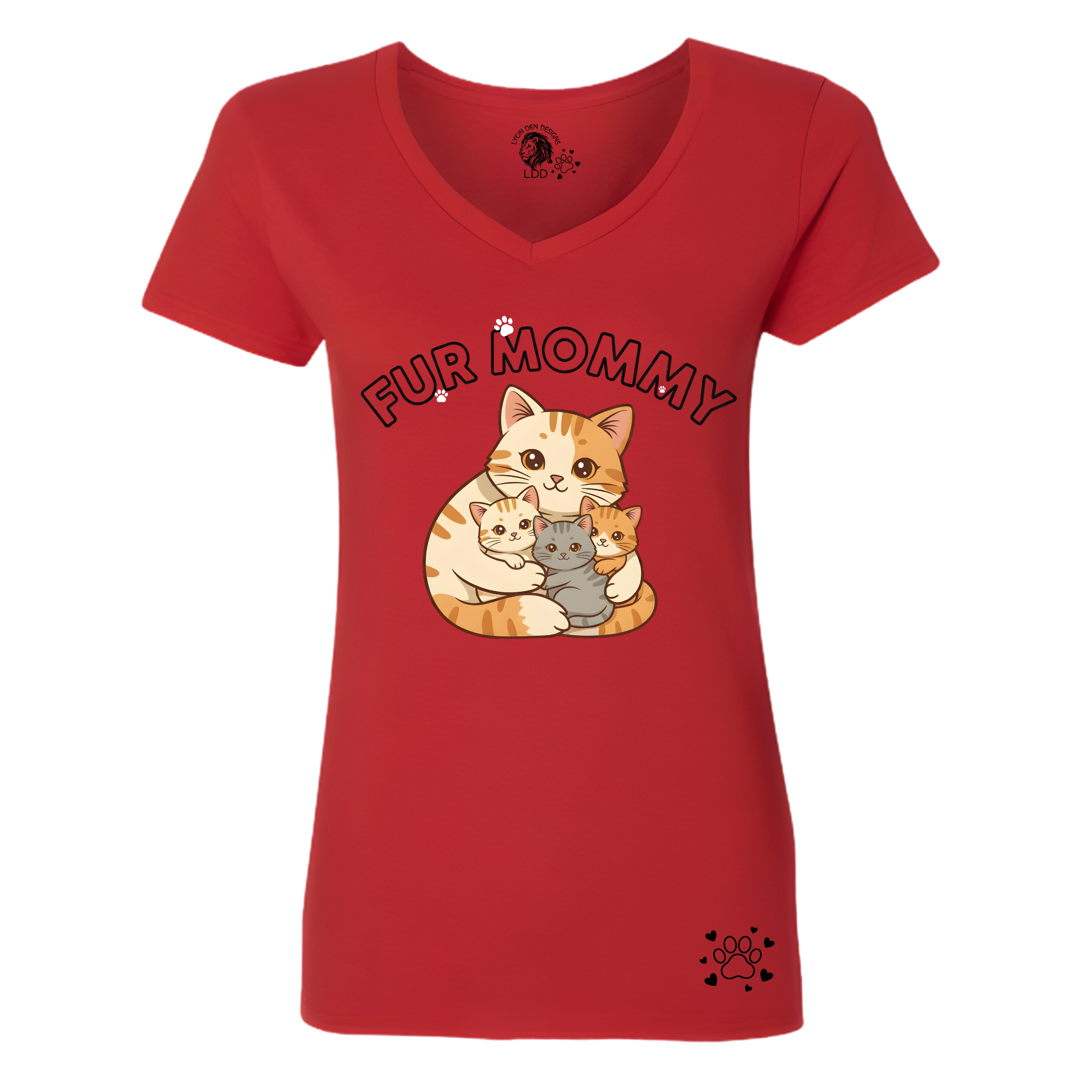 Red t-shirt with cat illustration and 'Fur Mommy' text on a white background