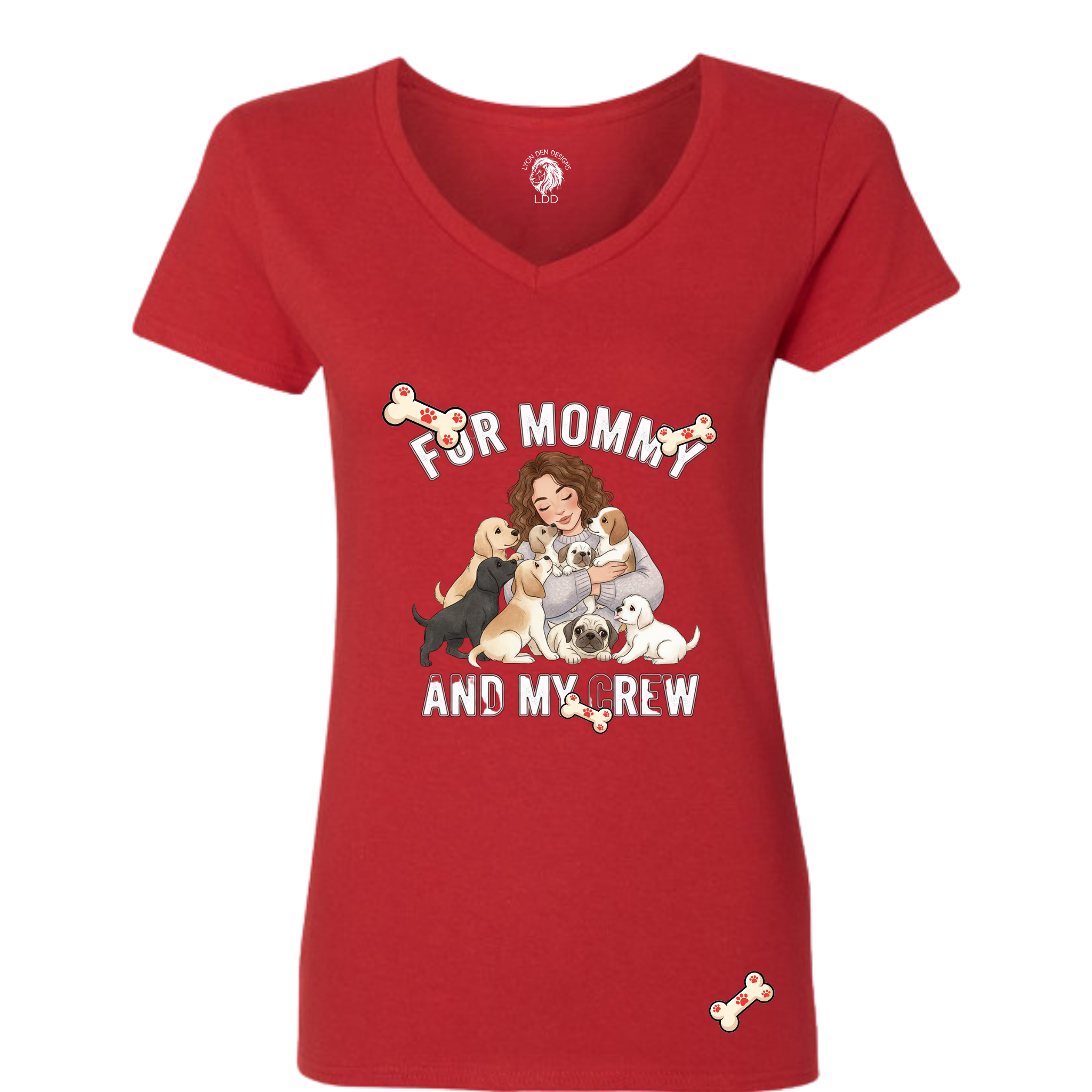 Red t-shirt with a graphic of a woman and dogs, text 'For Mommy and My Crew', on a white background.