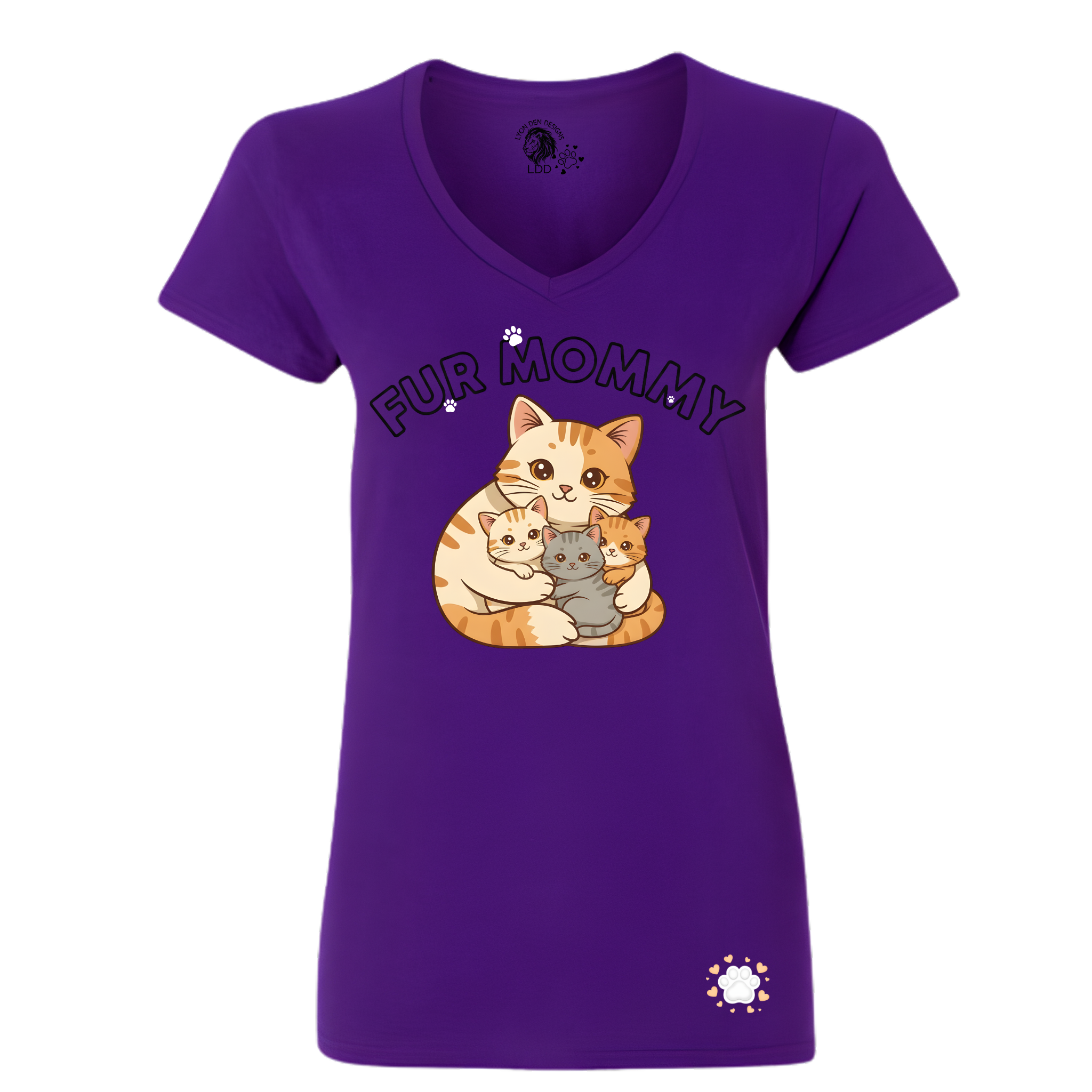 Purple t-shirt with a graphic of a cat and her kittens and 'Fur Mommy' text on a white background.