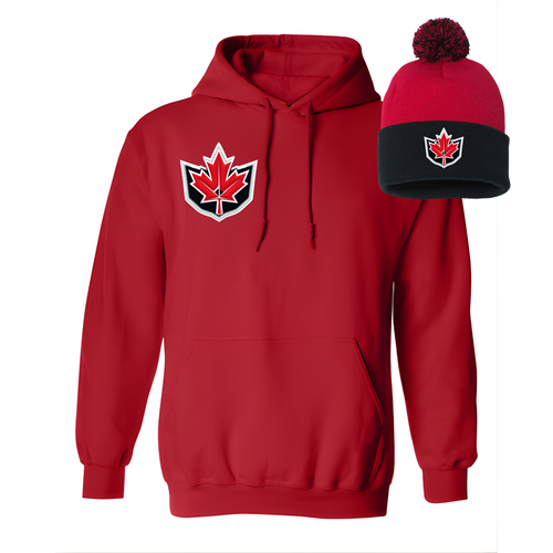 Red hoodie and matching beanie with a maple leaf design on a white background