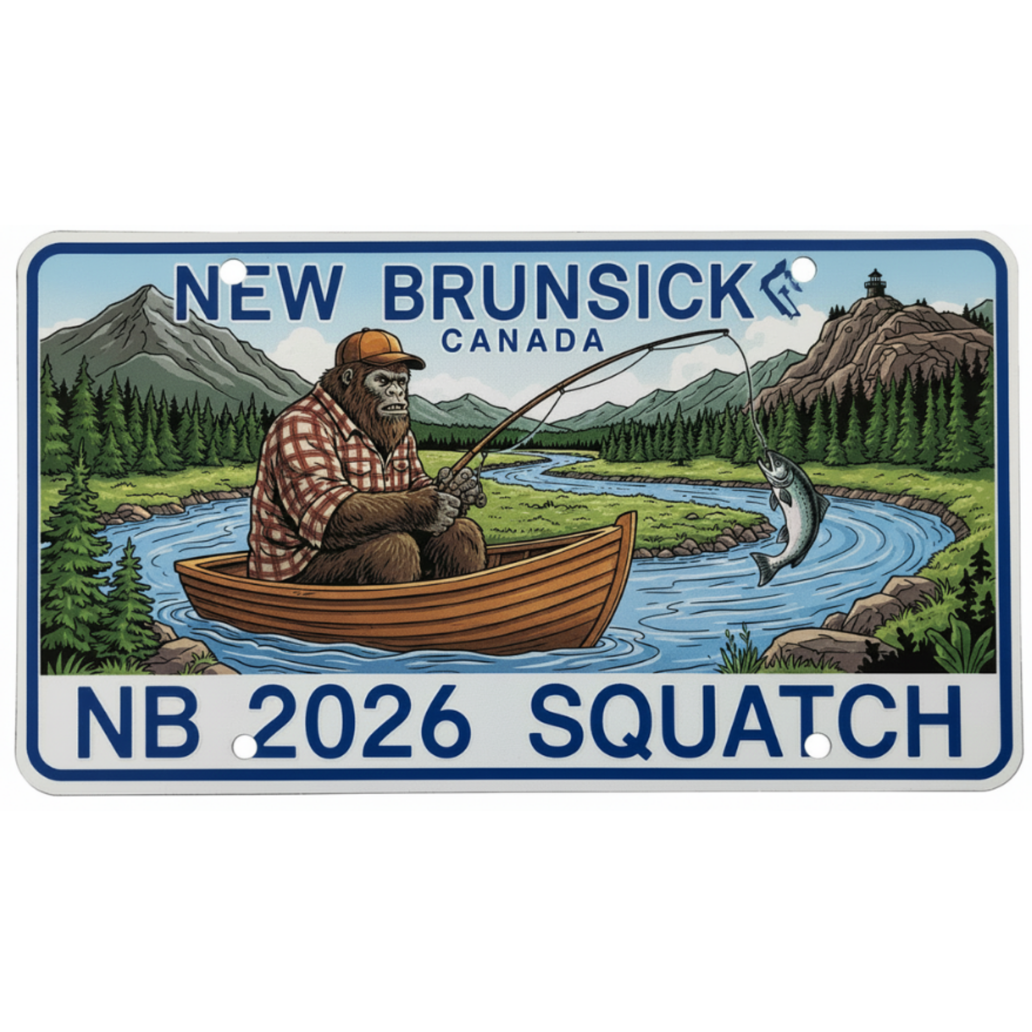 Novelty license plate with a cartoon Sasquatch fishing, set against a scenic New Brunswick, Canada background.