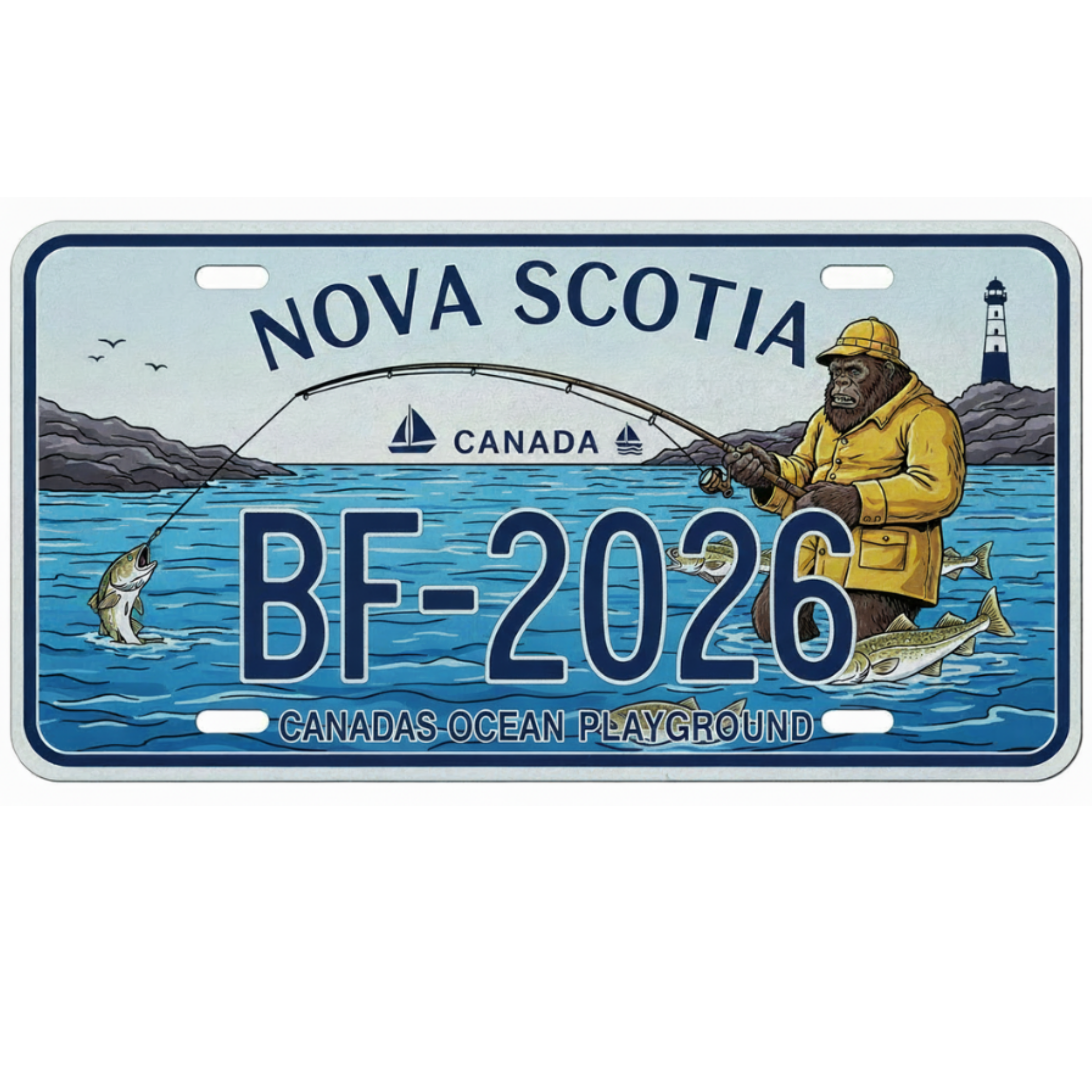Nova Scotia license plate with fishing design and text