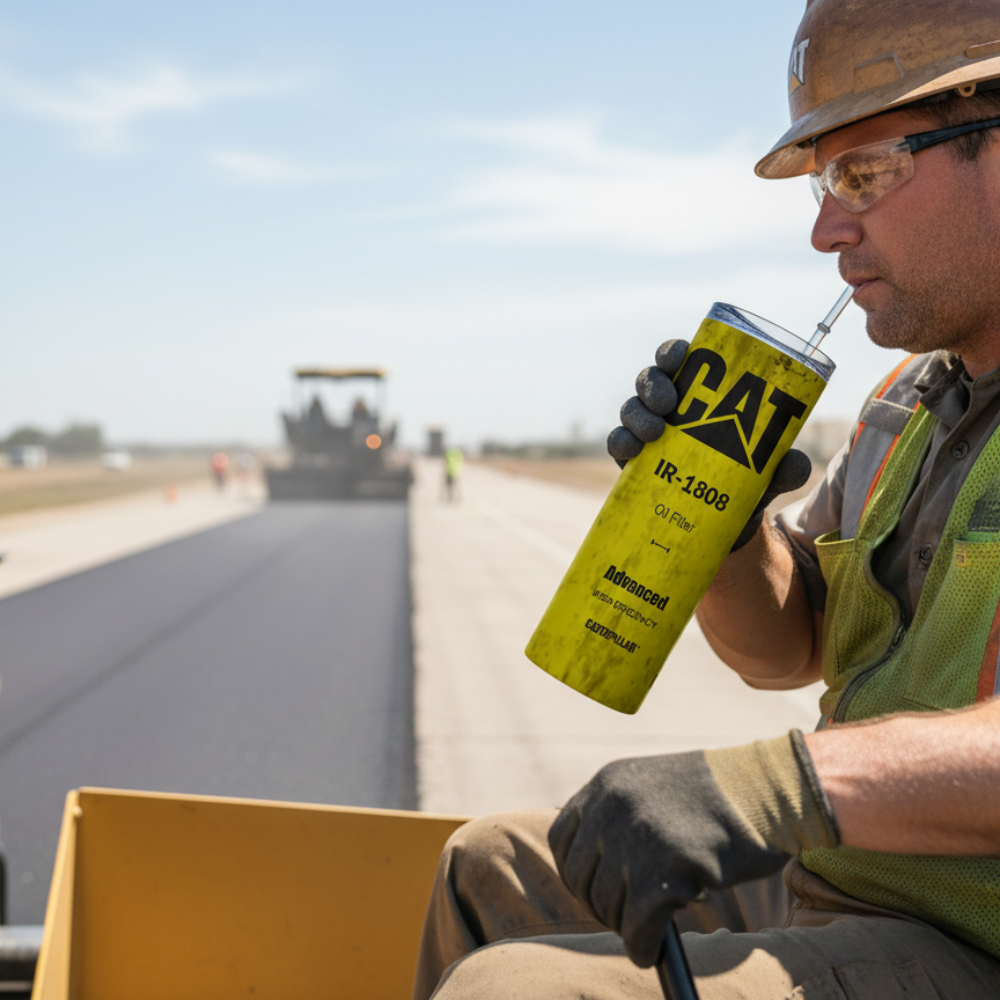 Man in construction gear holding a yellow 'CAT' branded tumbler on a construction site.