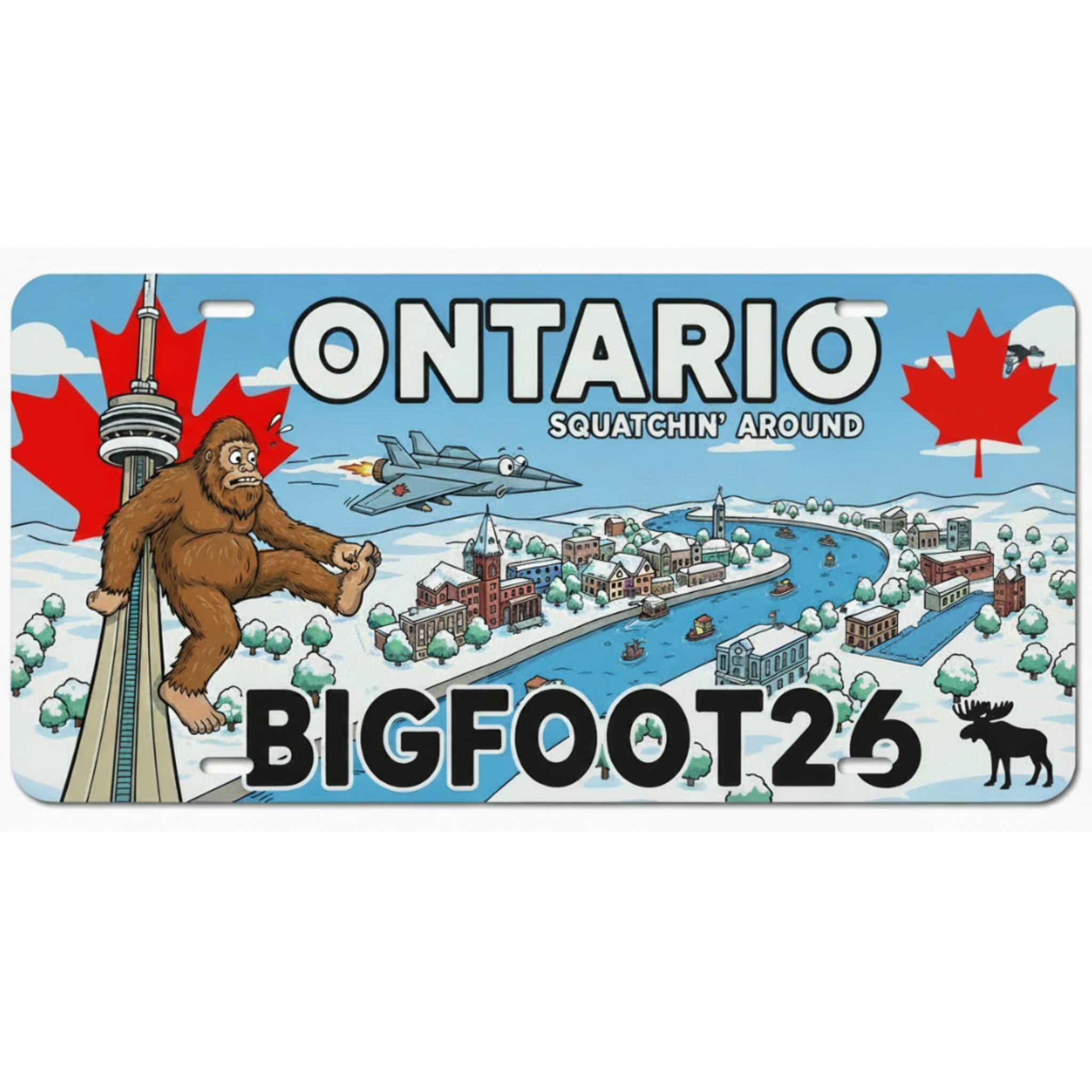 License plate with cartoon Bigfoot, Ontario skyline, and maple leaves on a blue background