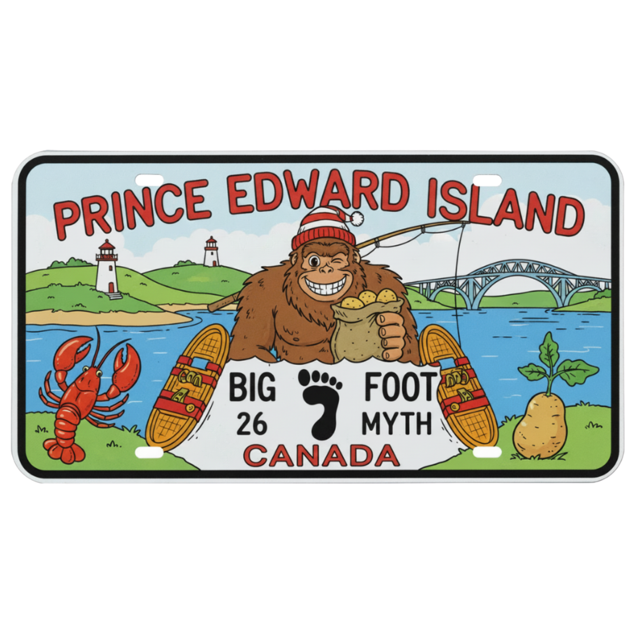 License plate with cartoon Bigfoot, lobster, and lighthouse on a scenic background