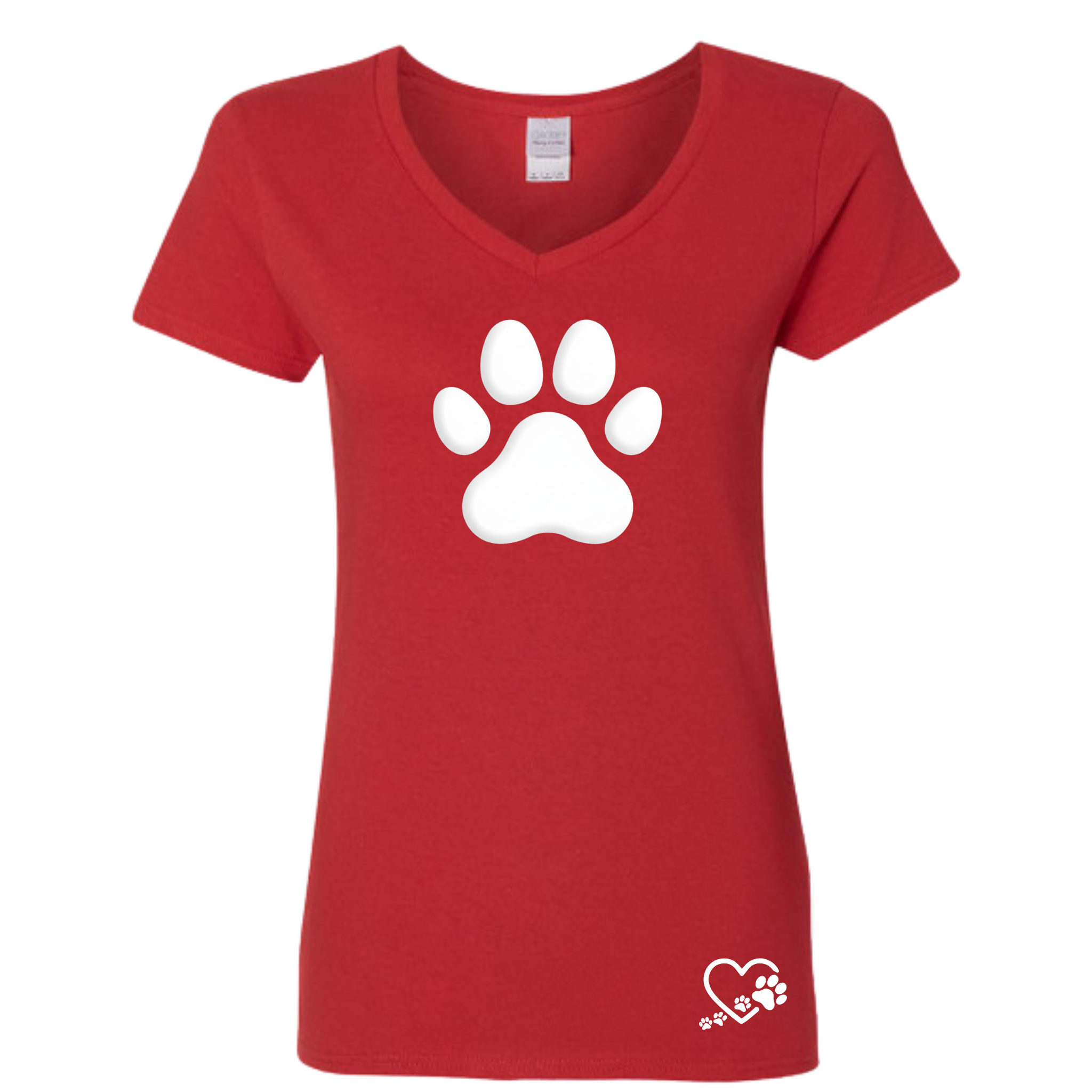 Red t-shirt with a white paw print design on a white background