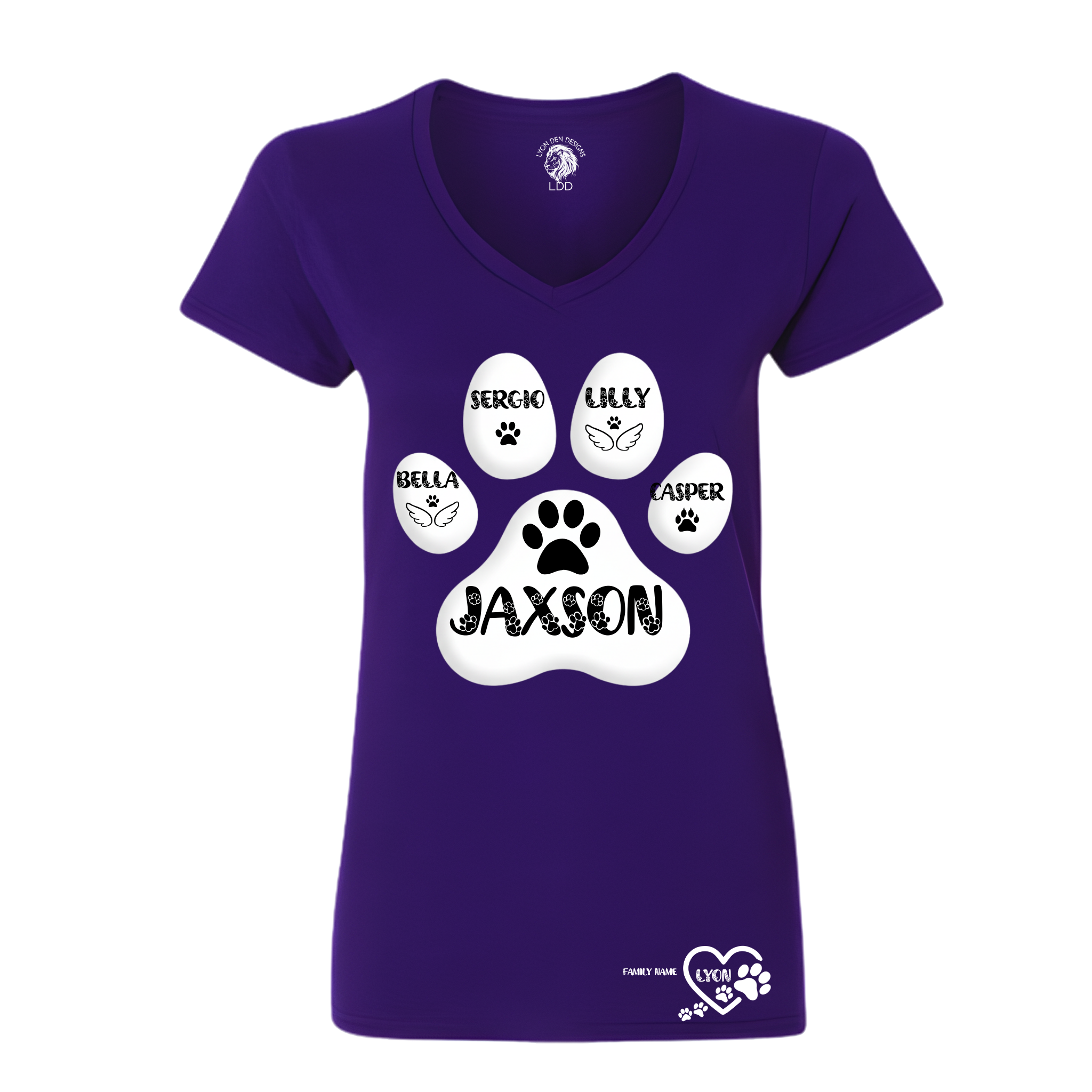 Purple t-shirt with paw print design and names on a white background
