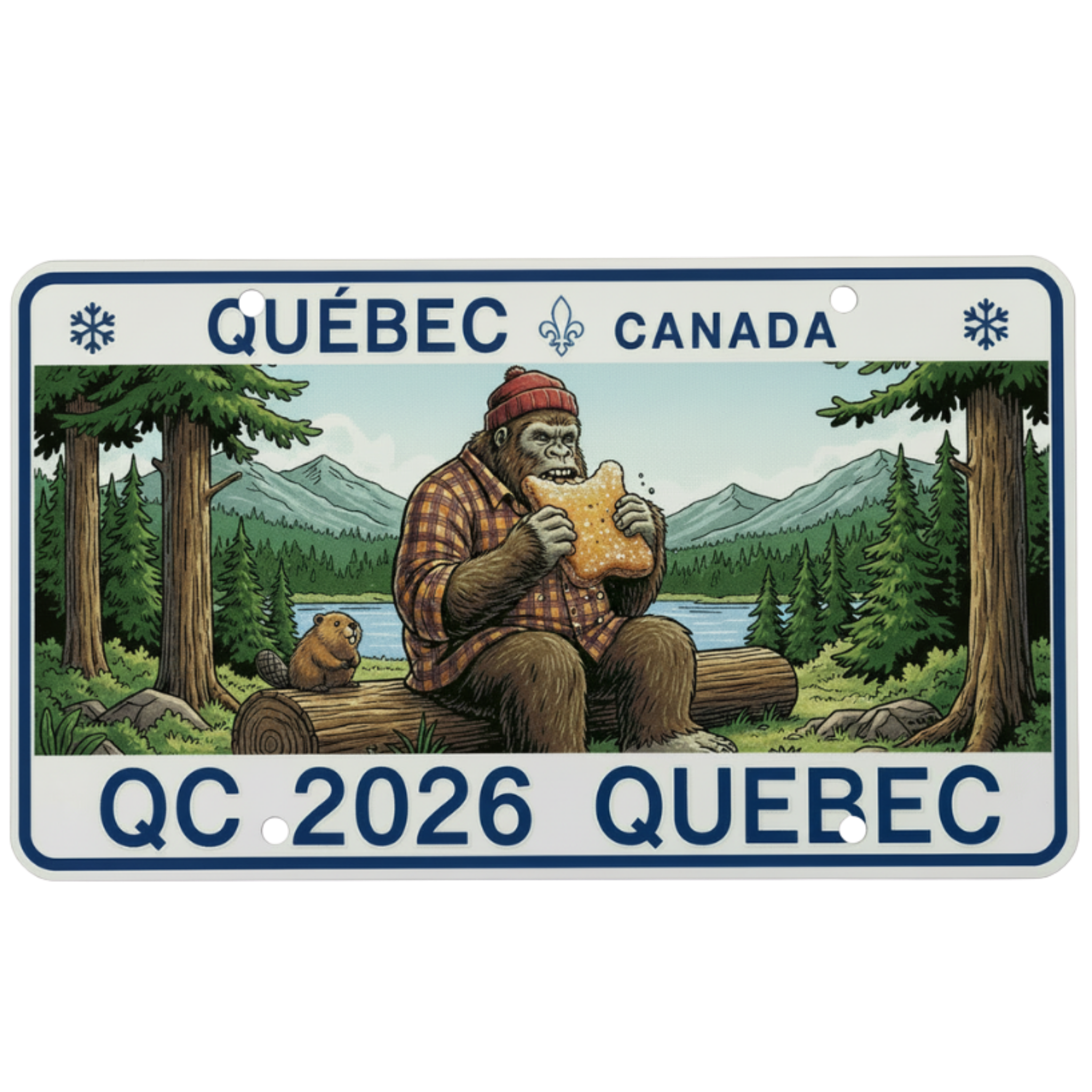 Quebec license plate with cartoon Sasquatch holding a beaver tail sitting in forest