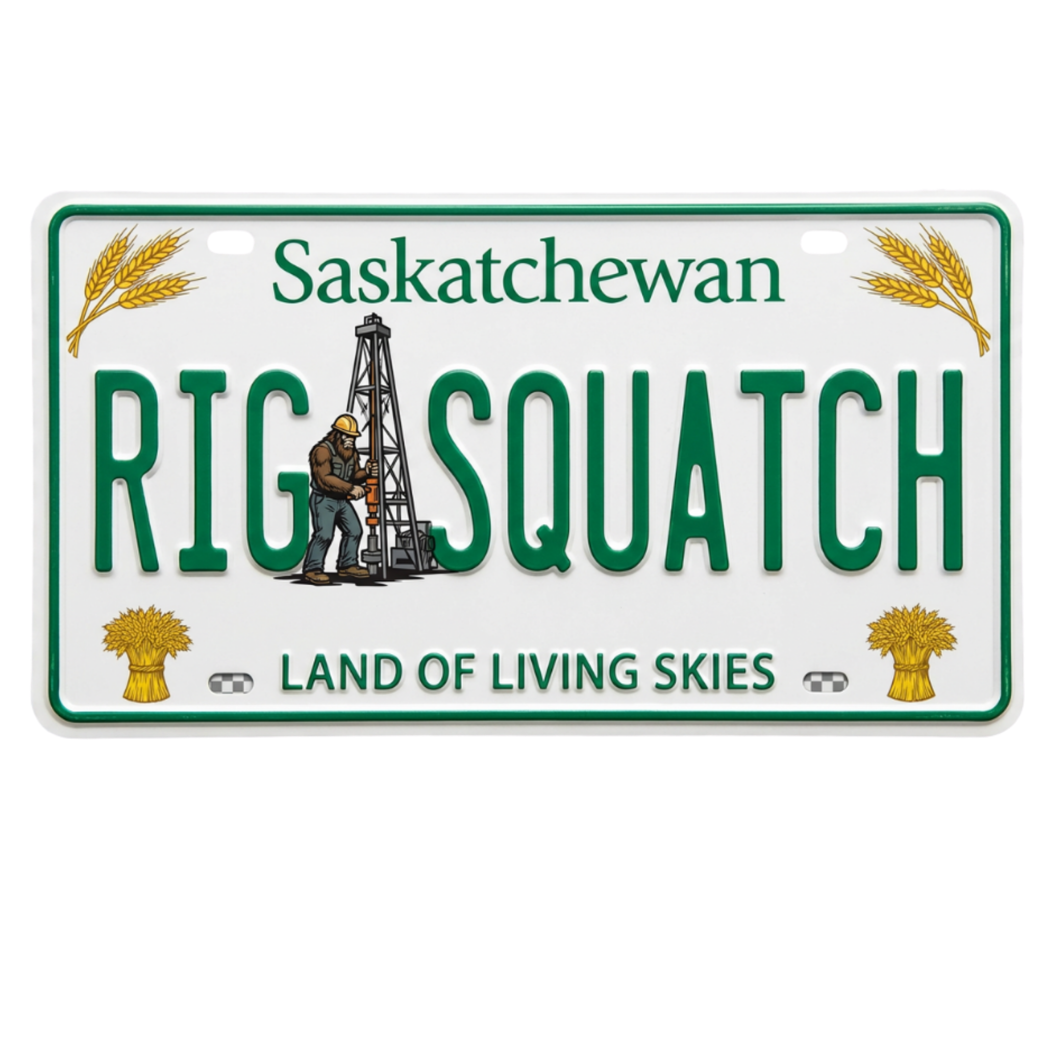 Saskatchewan license plate with 'Rig Squatch' design on a white background