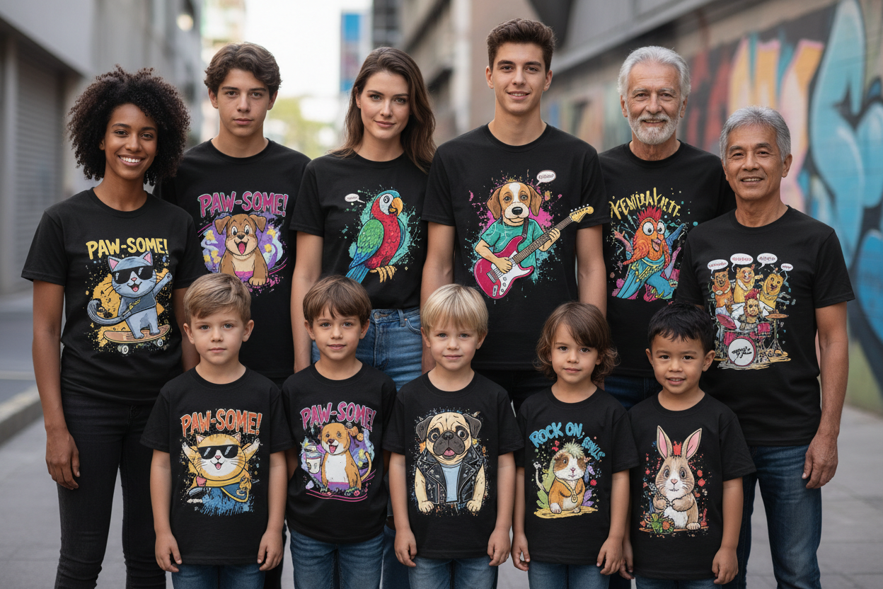 Black T-shirts being worn by all ages of people with drawings and funny pet images on them 