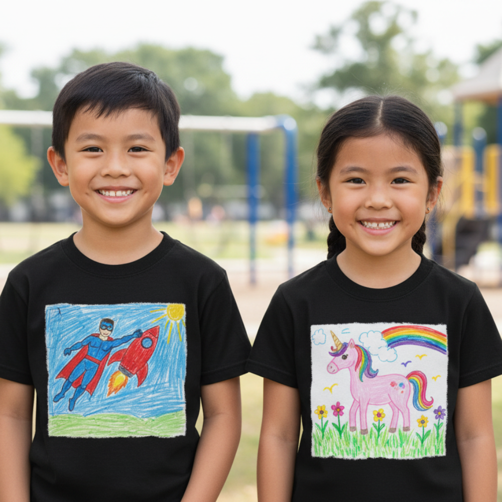 Two children wearing black t-shirts with colorful drawings of a superhero and a unicorn.