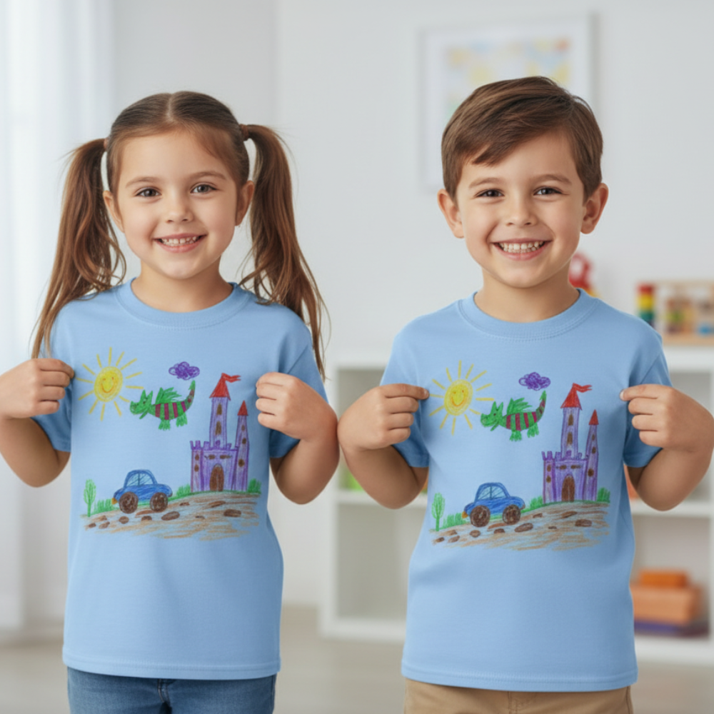 Two children wearing blue t-shirts with colorful drawings of a sun, castle, car, and dinosaur.