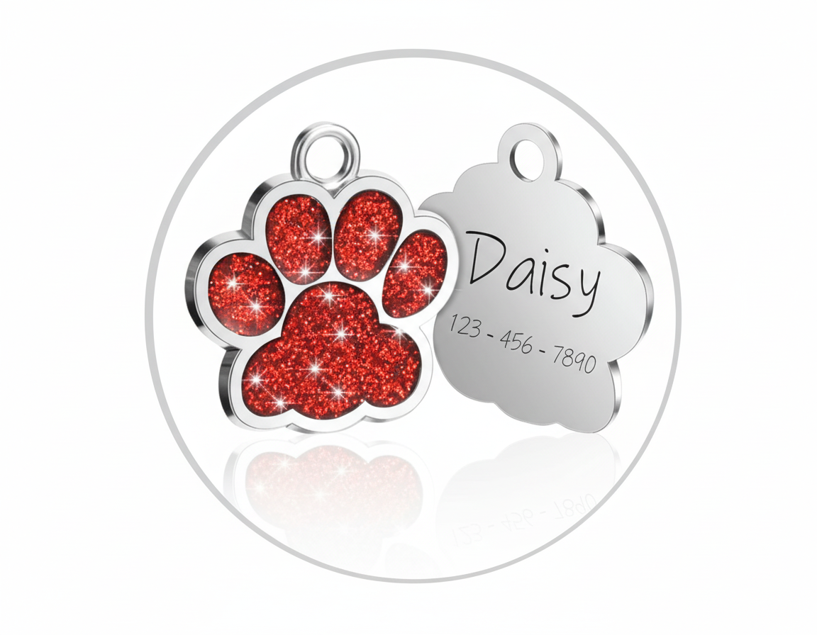 Pet tag with red paw print and silver nameplate on a white background