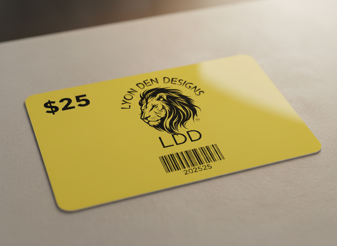 Yellow gift card with Lyon Den Designs logo and $25 amount on a gray surface