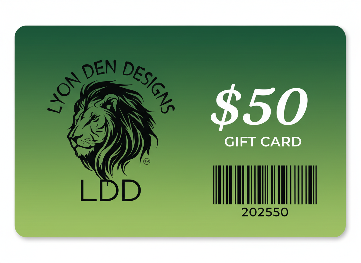 Green gift card with Lyon Den Designs logo and $50 denomination