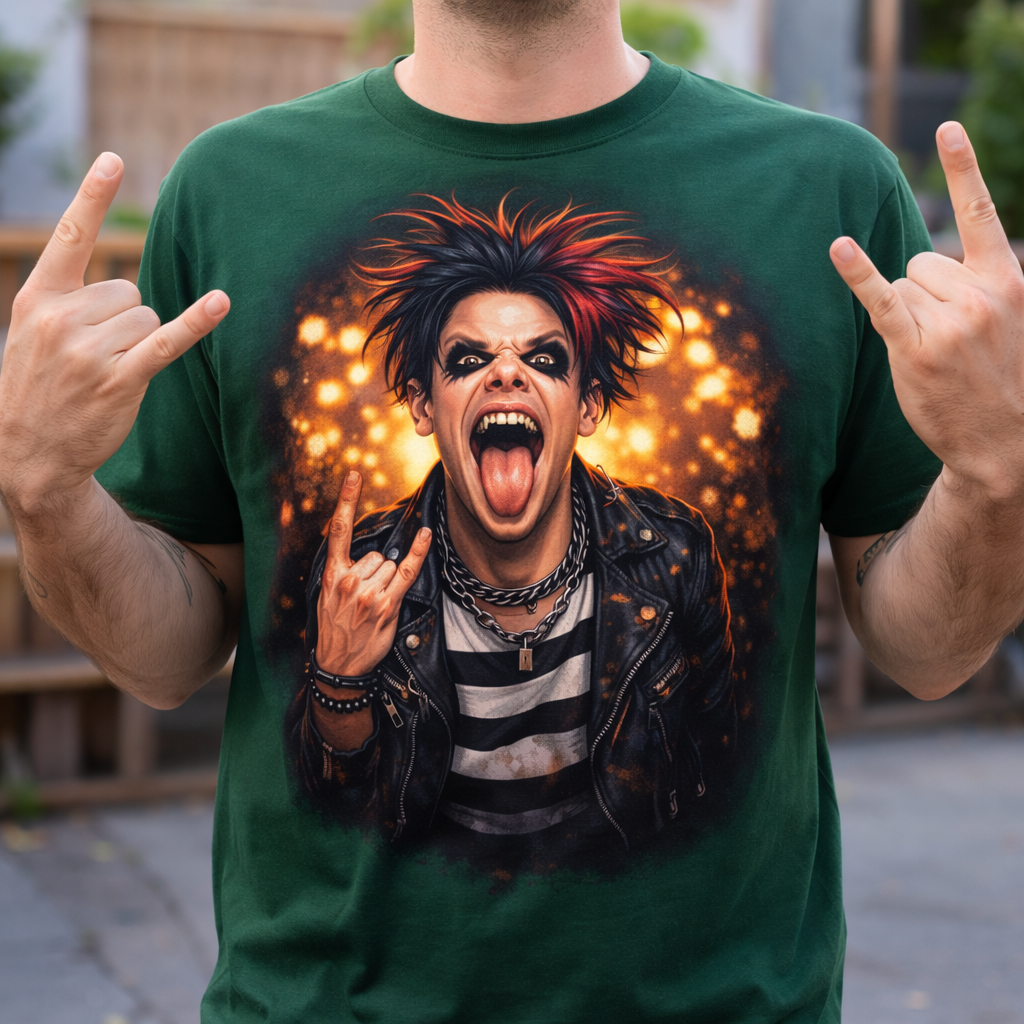 Person wearing a green t-shirt with a graphic of a rock musician and making hand gestures.