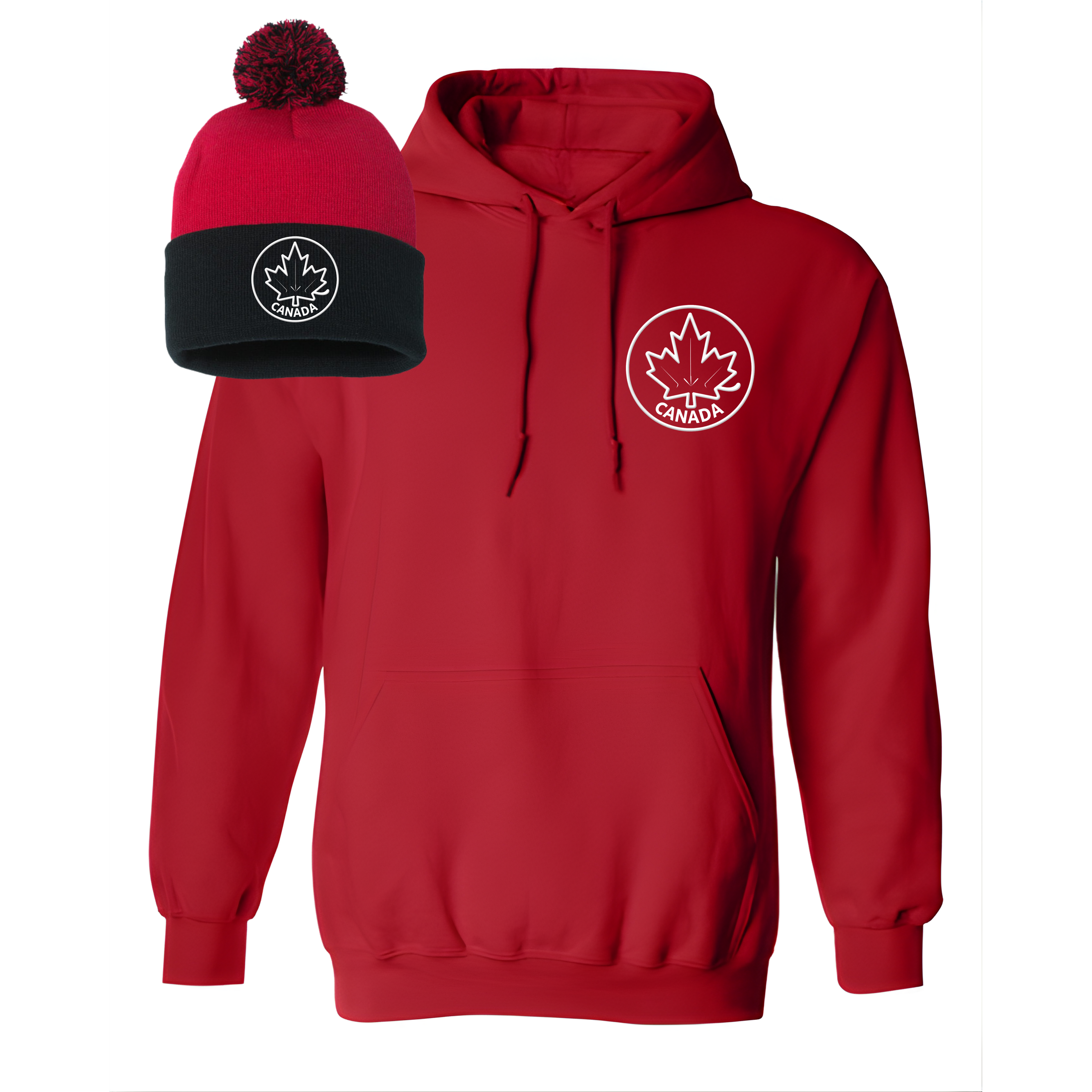 Red hoodie and beanie set with a maple leaf design on a white background