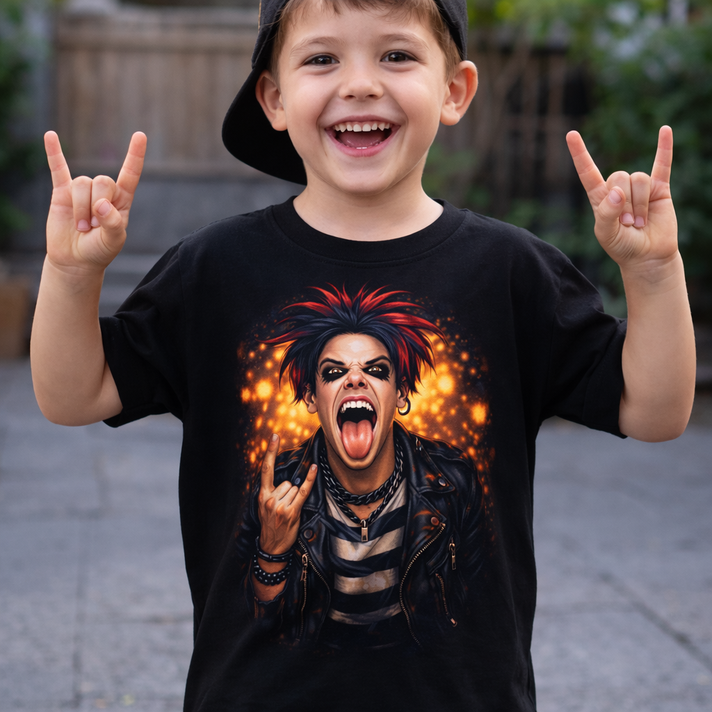 Child wearing a black t-shirt with a graphic design, making rock signs with hands.