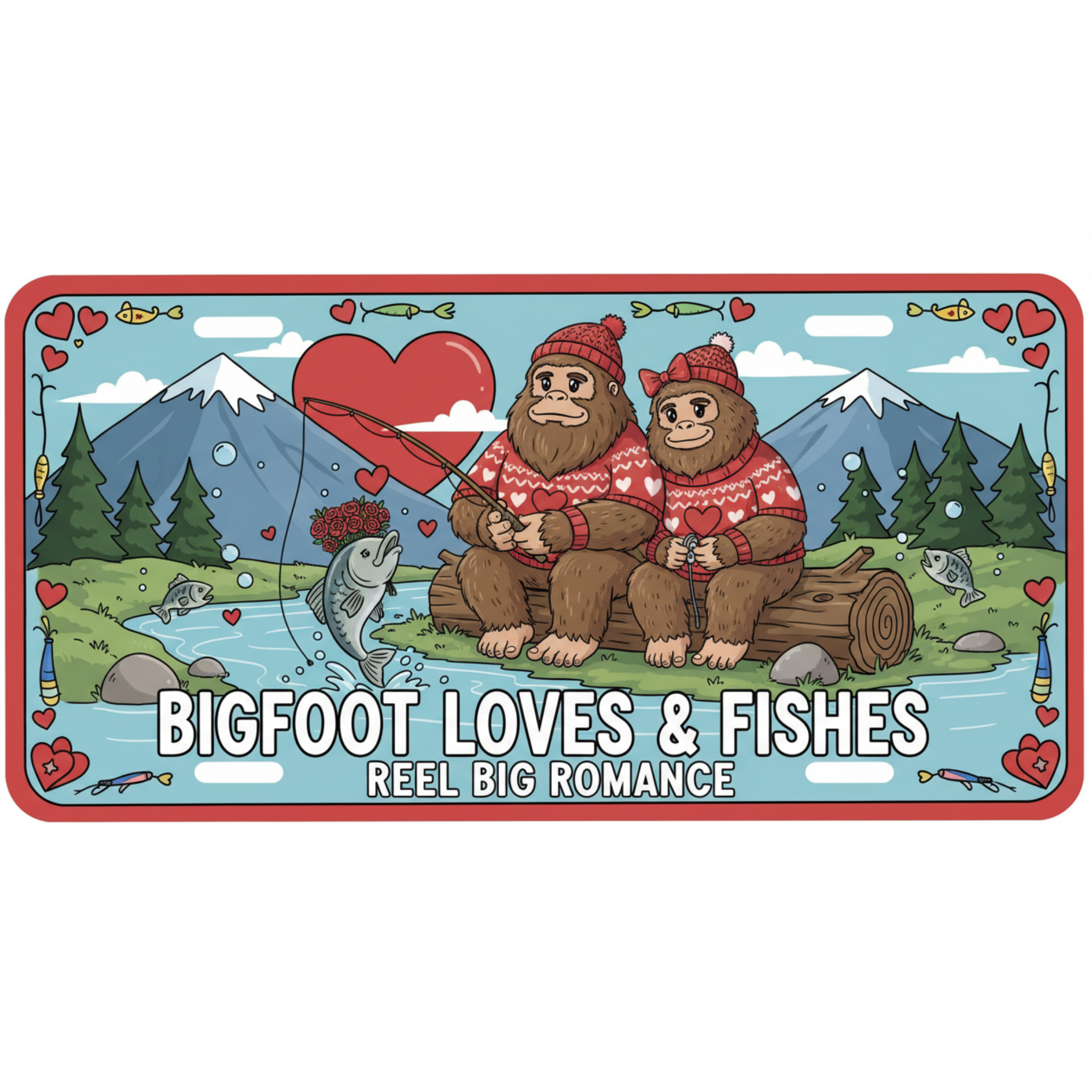 Decorative license plate with cartoon bigfoots fishing, surrounded by nature and hearts.