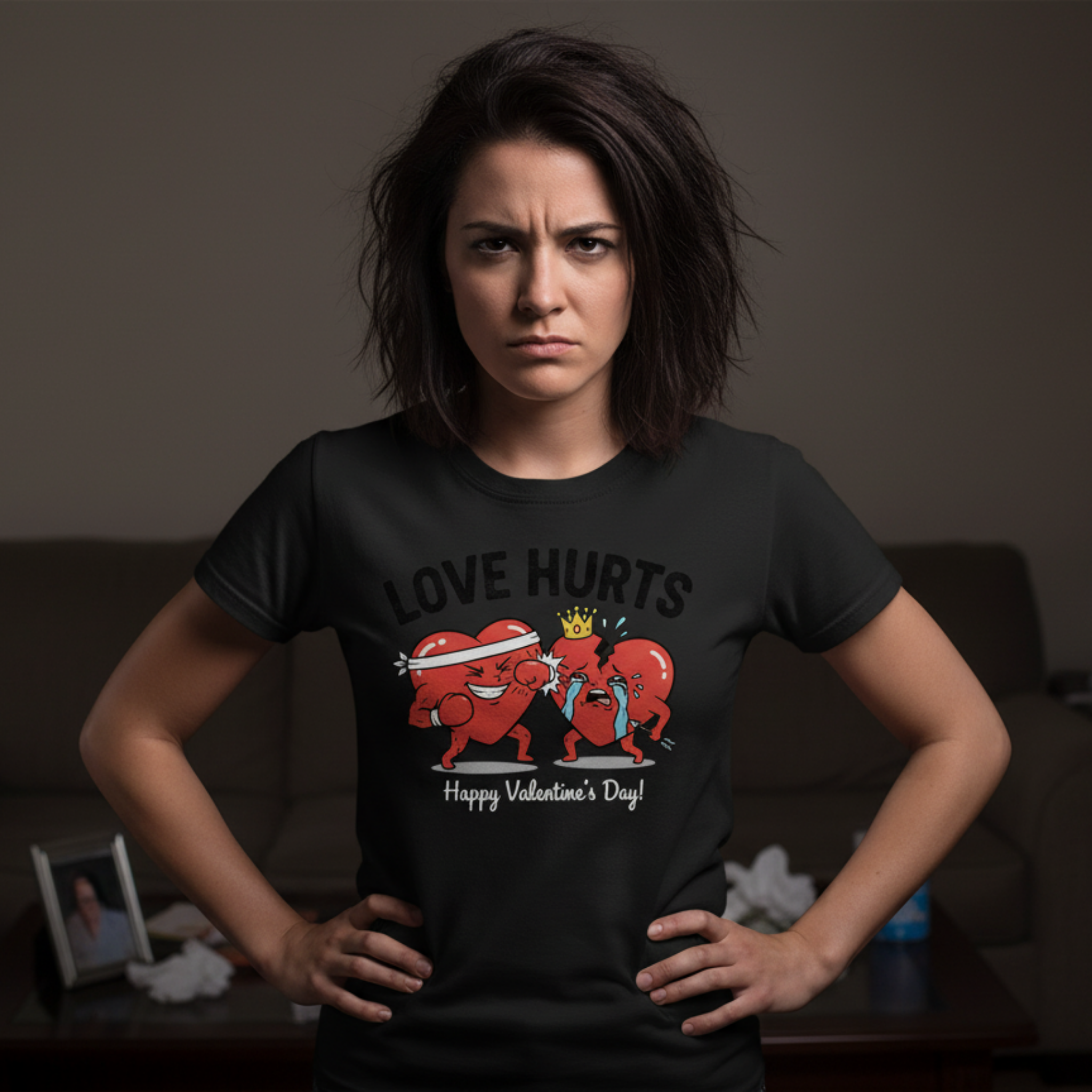 Person wearing a black t-shirt with 'Love Hurts' graphic design.
