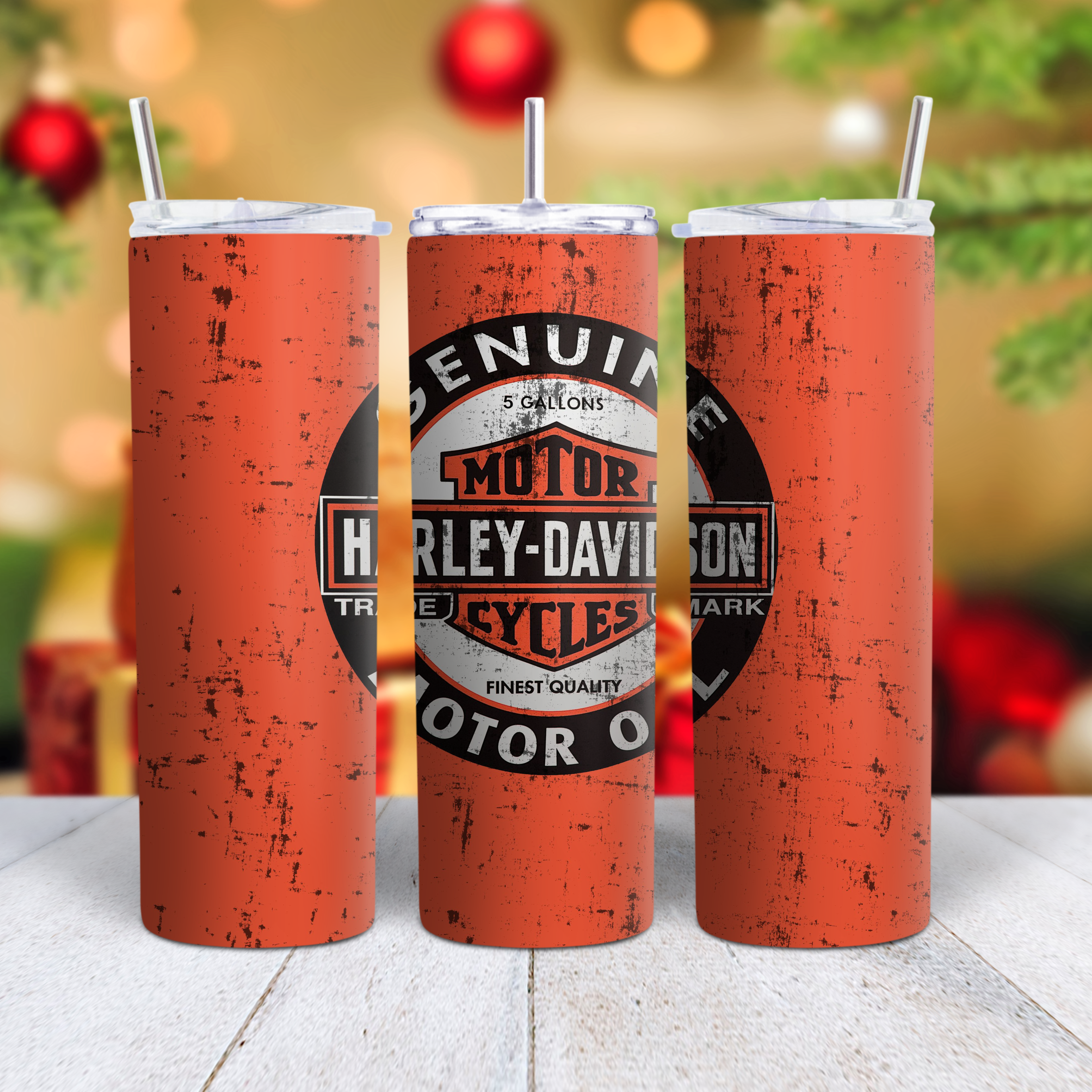  orange Harley-Davidson tumblers with a blurred festive background