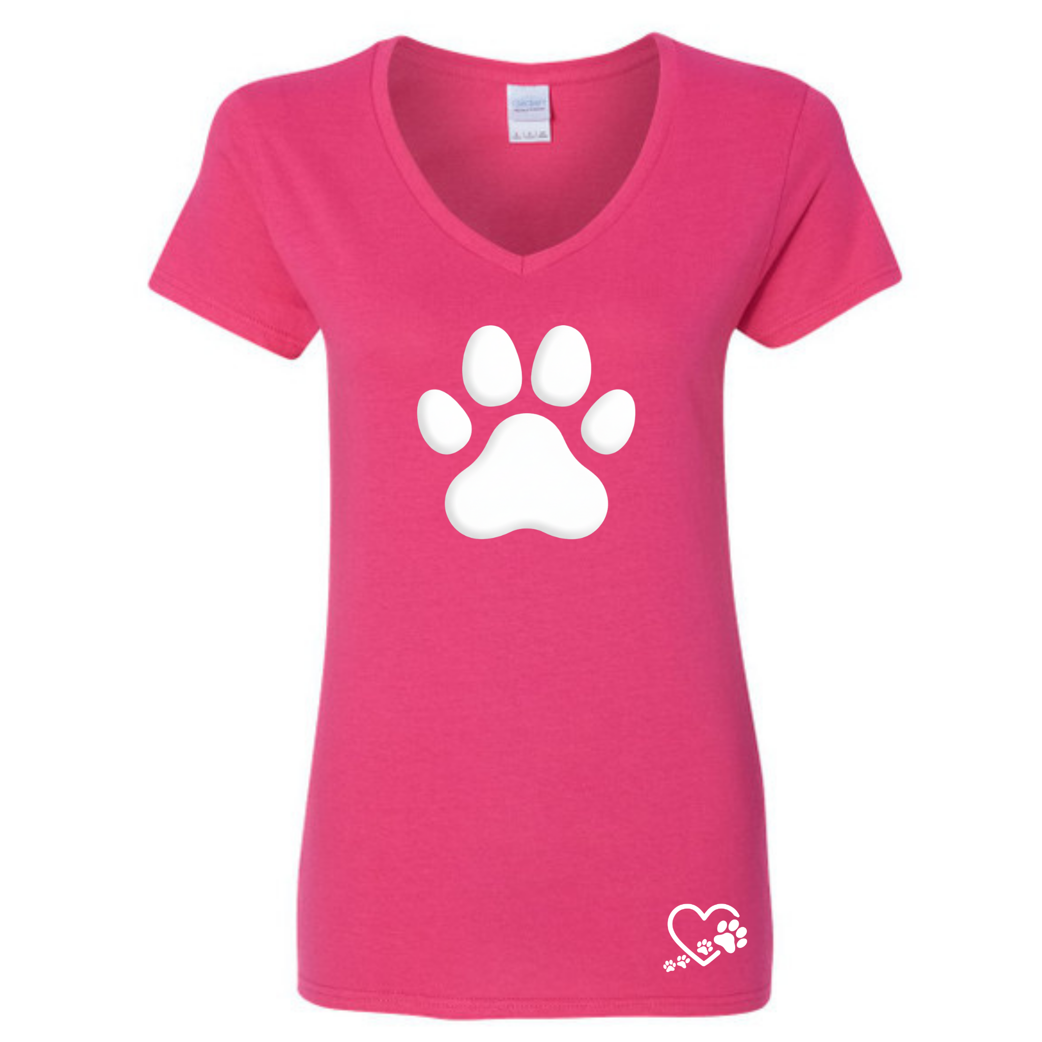 Pink t-shirt with a white paw print design on a white background