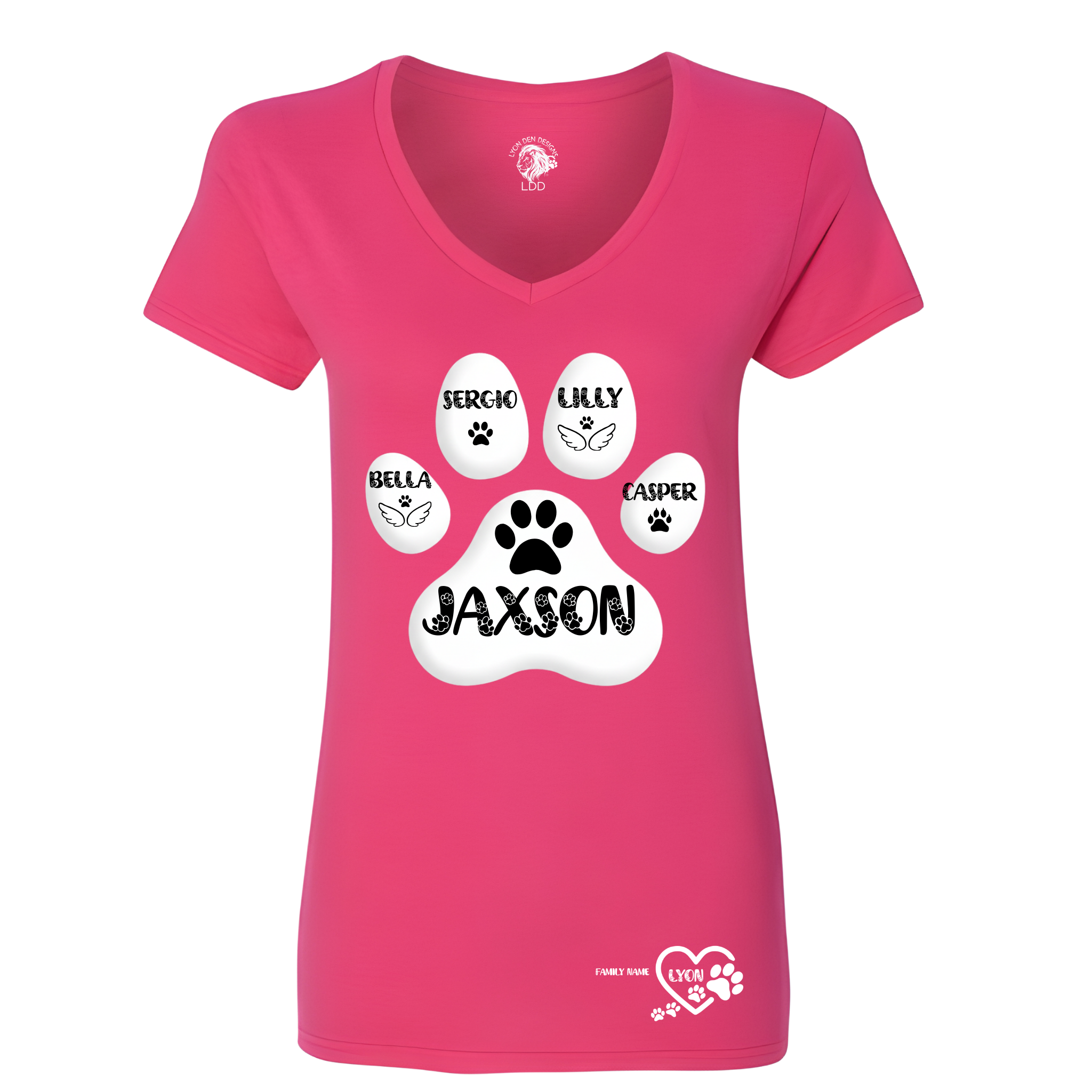 Pink t-shirt with paw print design and names on a white background