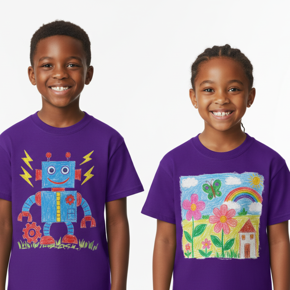 Two children wearing purple t-shirts with colorful robot and nature designs on a white background