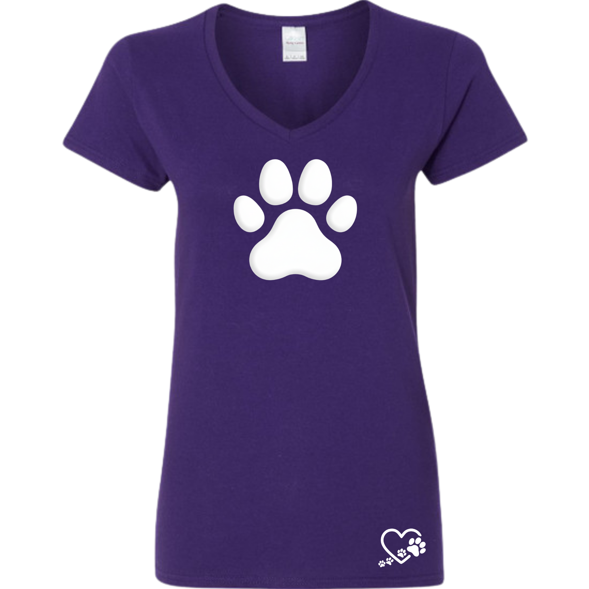 Purple t-shirt with a white paw print design on a white background