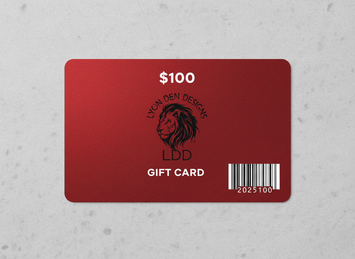 Red gift card with a lion logo and text on a gray background
