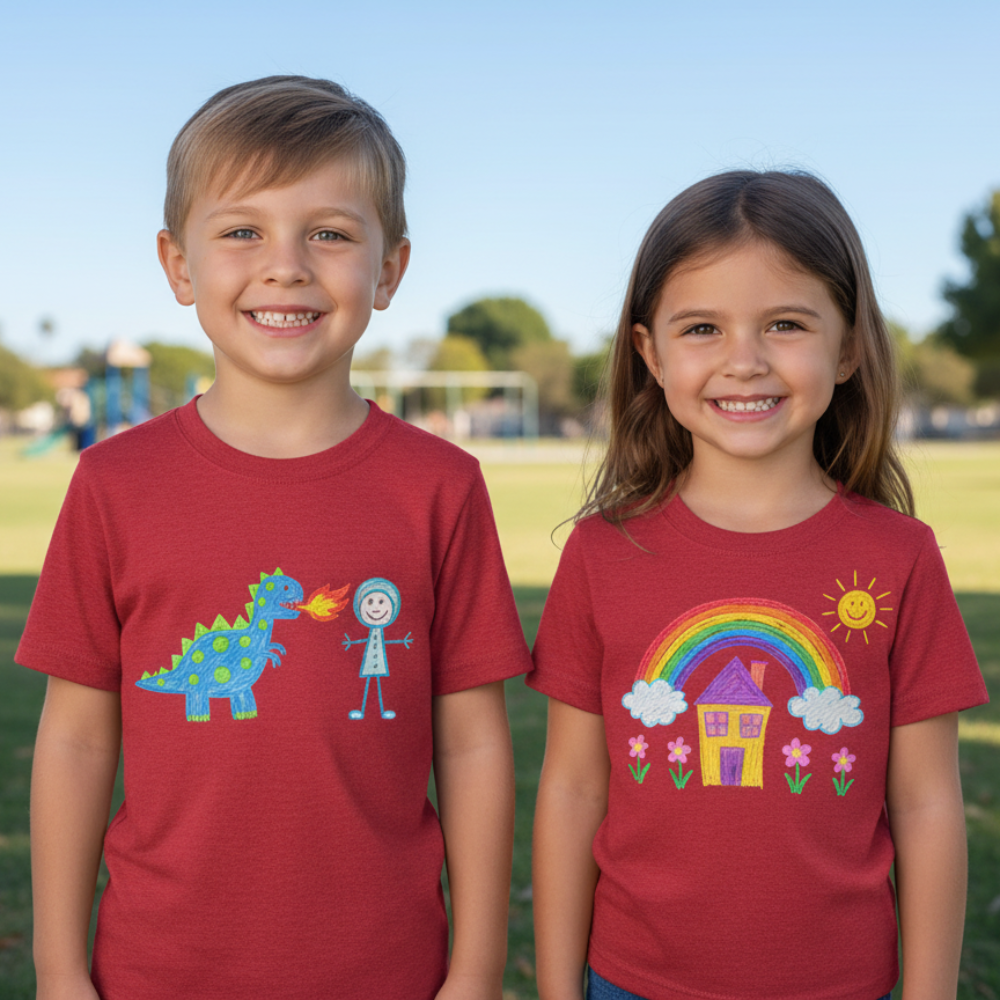 Two children wearing red t-shirts with colorful graphics outdoors.