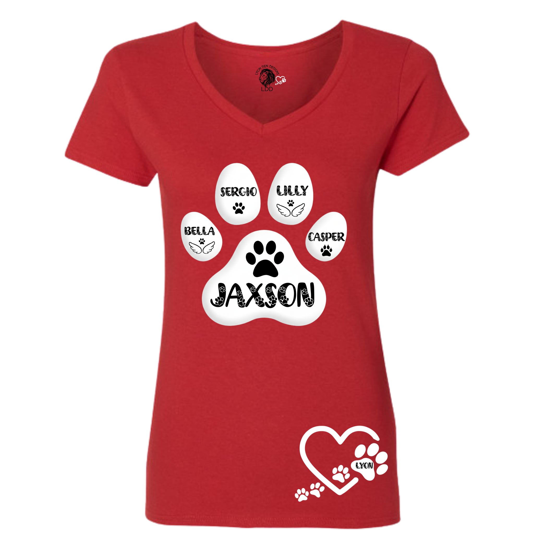 Red t-shirt with paw print design and names on a white background