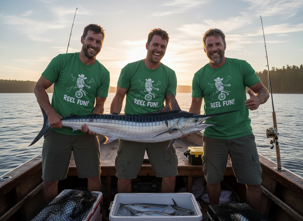 Three men in green shirts holding a large fish on a boat with water and sky in the background.