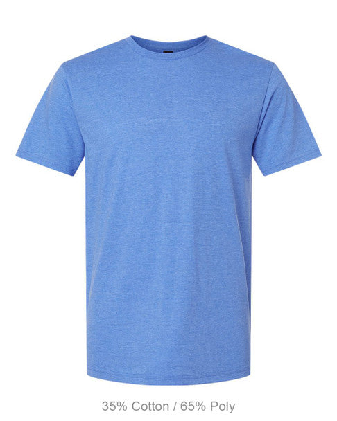 Blue t-shirt on a white background with fabric composition text at the bottom.