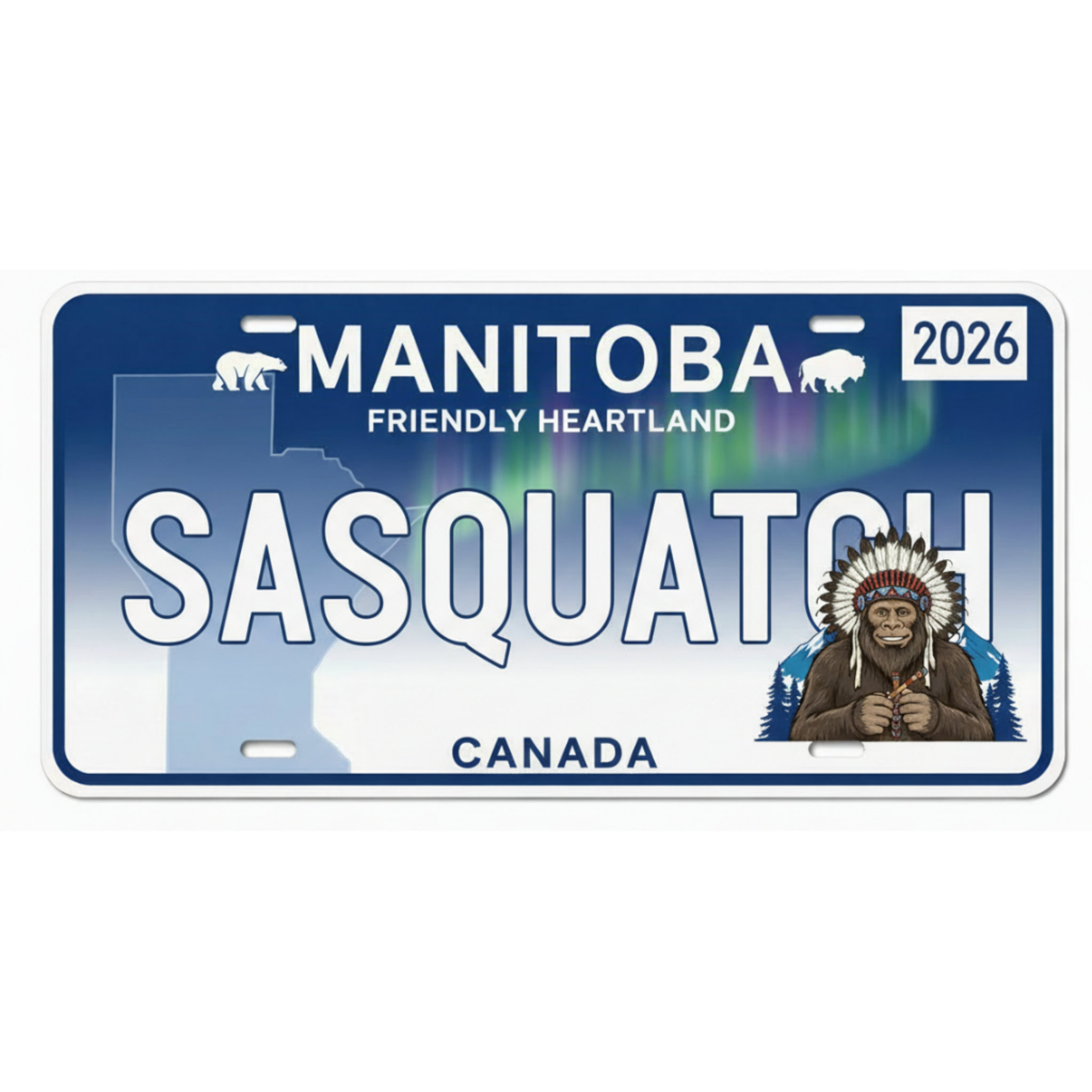 Manitoba license plate with Sasquatch design on a white background
