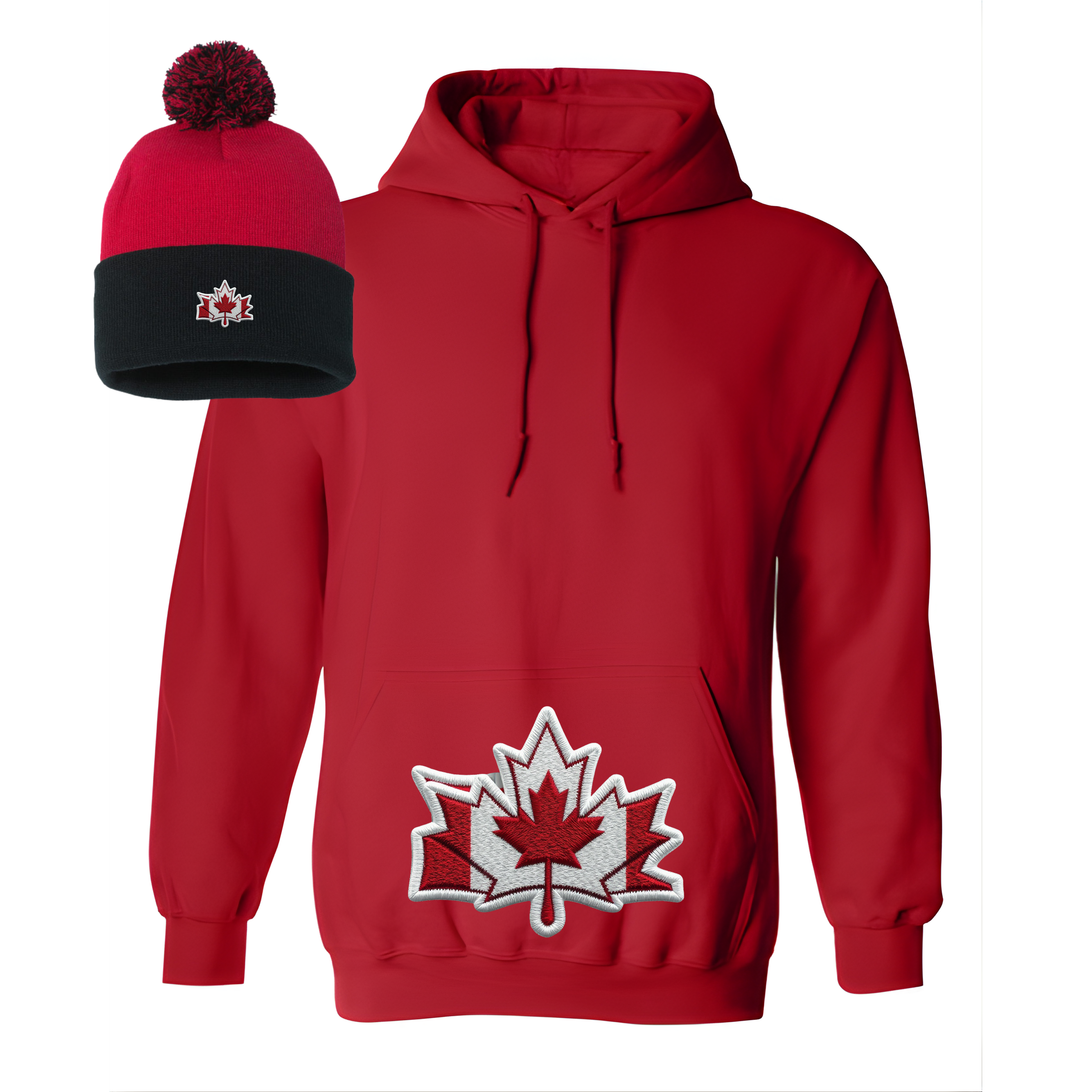 Red hoodie with a maple leaf design and matching beanie on a white background