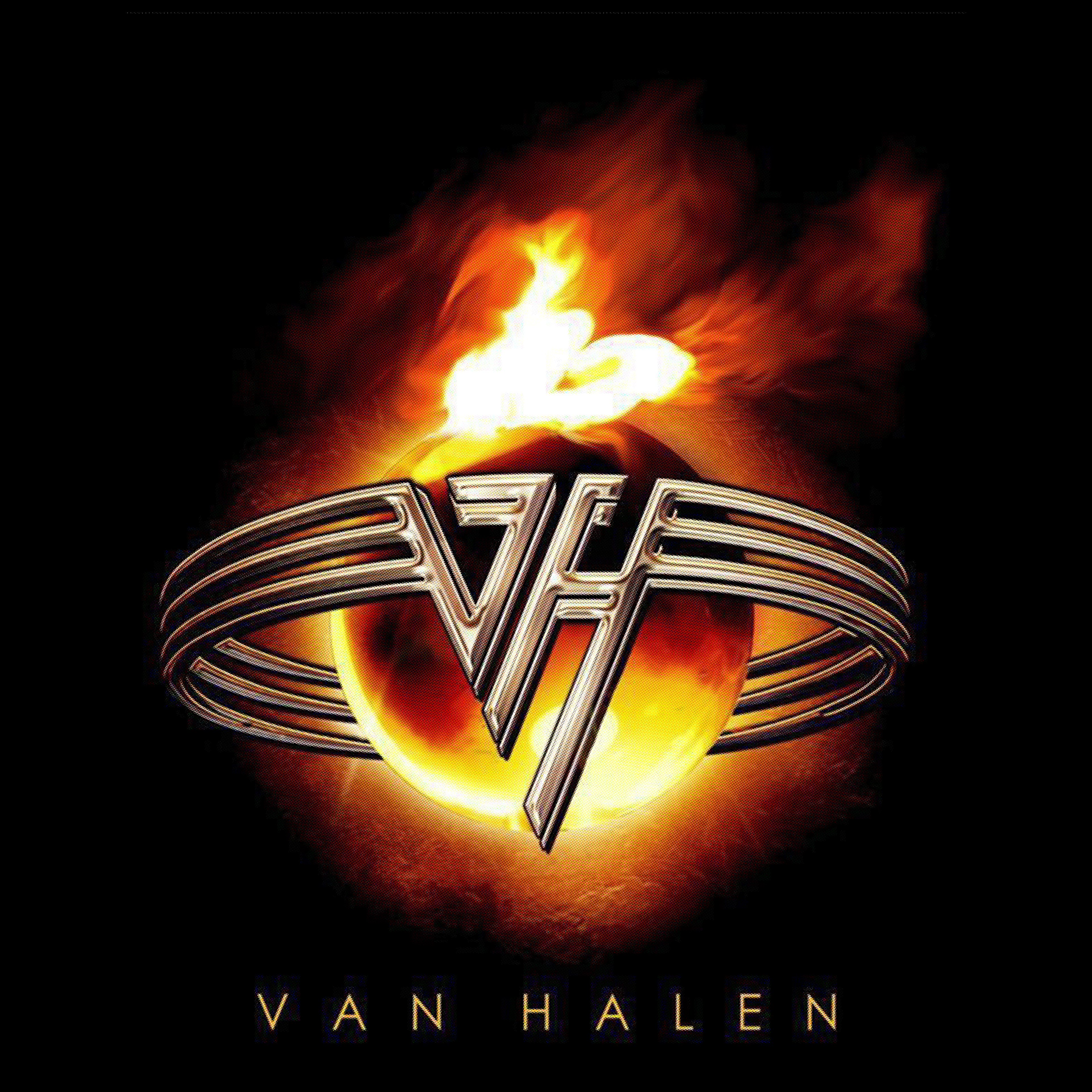 Van Halen logo with flames on a black background