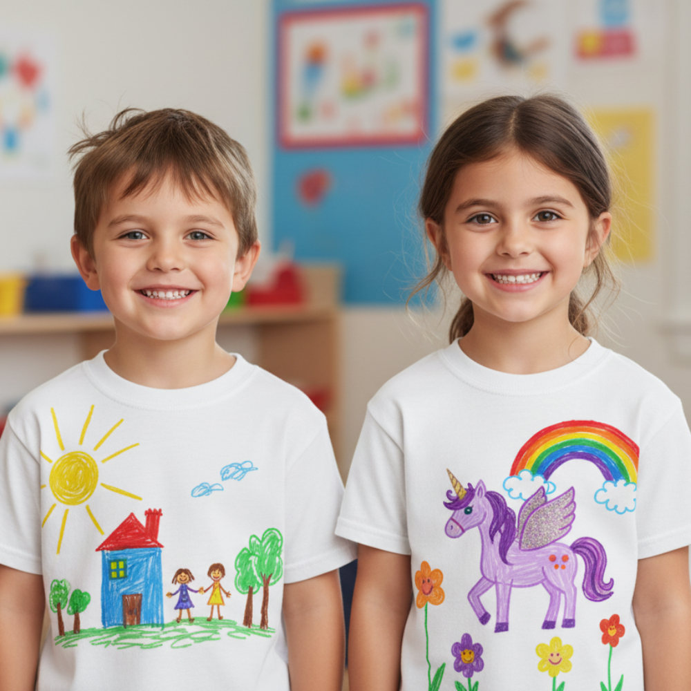 Two children wearing white t-shirts with colorful drawings of a house and family, and a unicorn and rainbow.